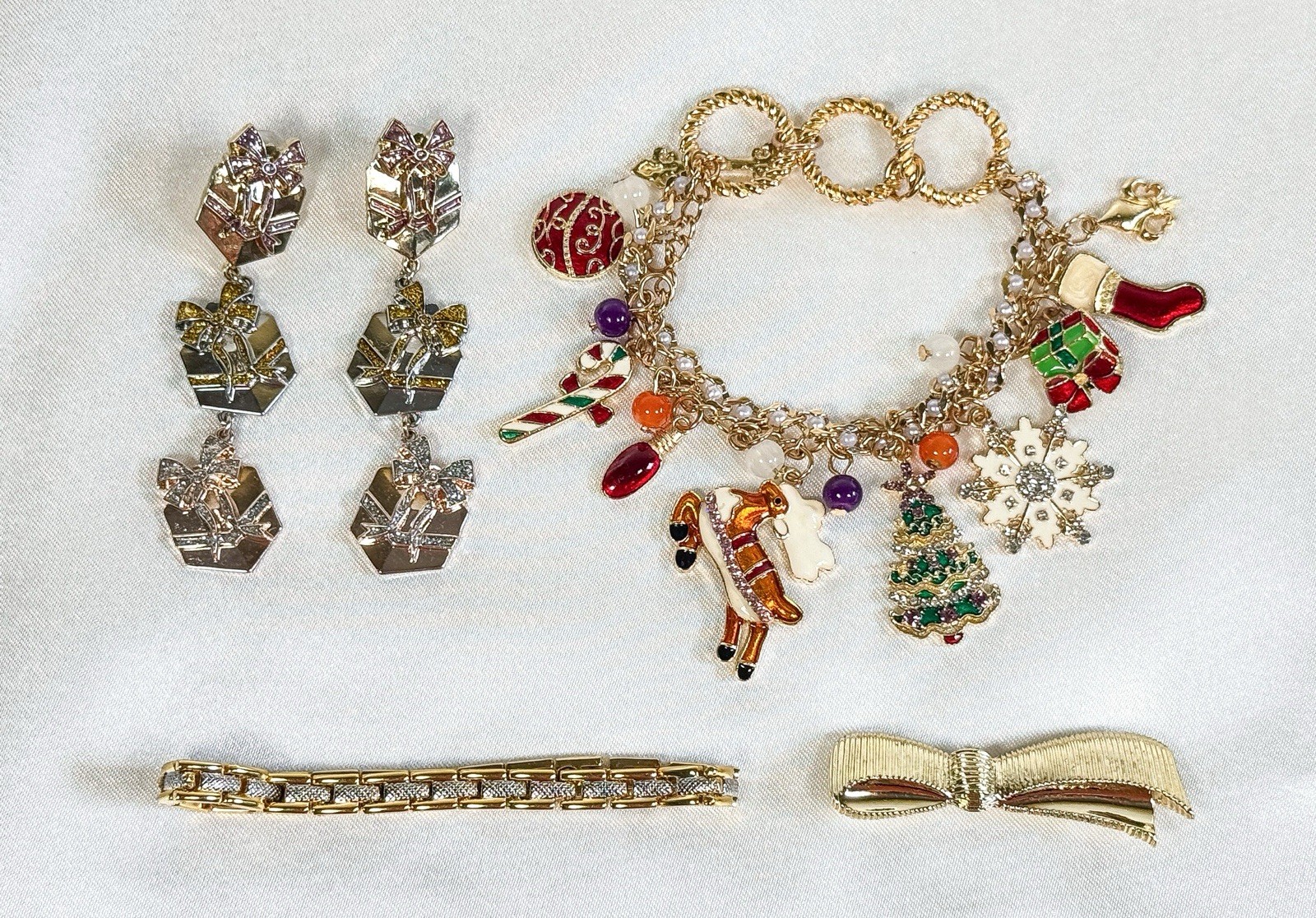 Christmas Lot Charm Bracelet Tennis Bracelet Present Dangle Earrings and Bow Pin