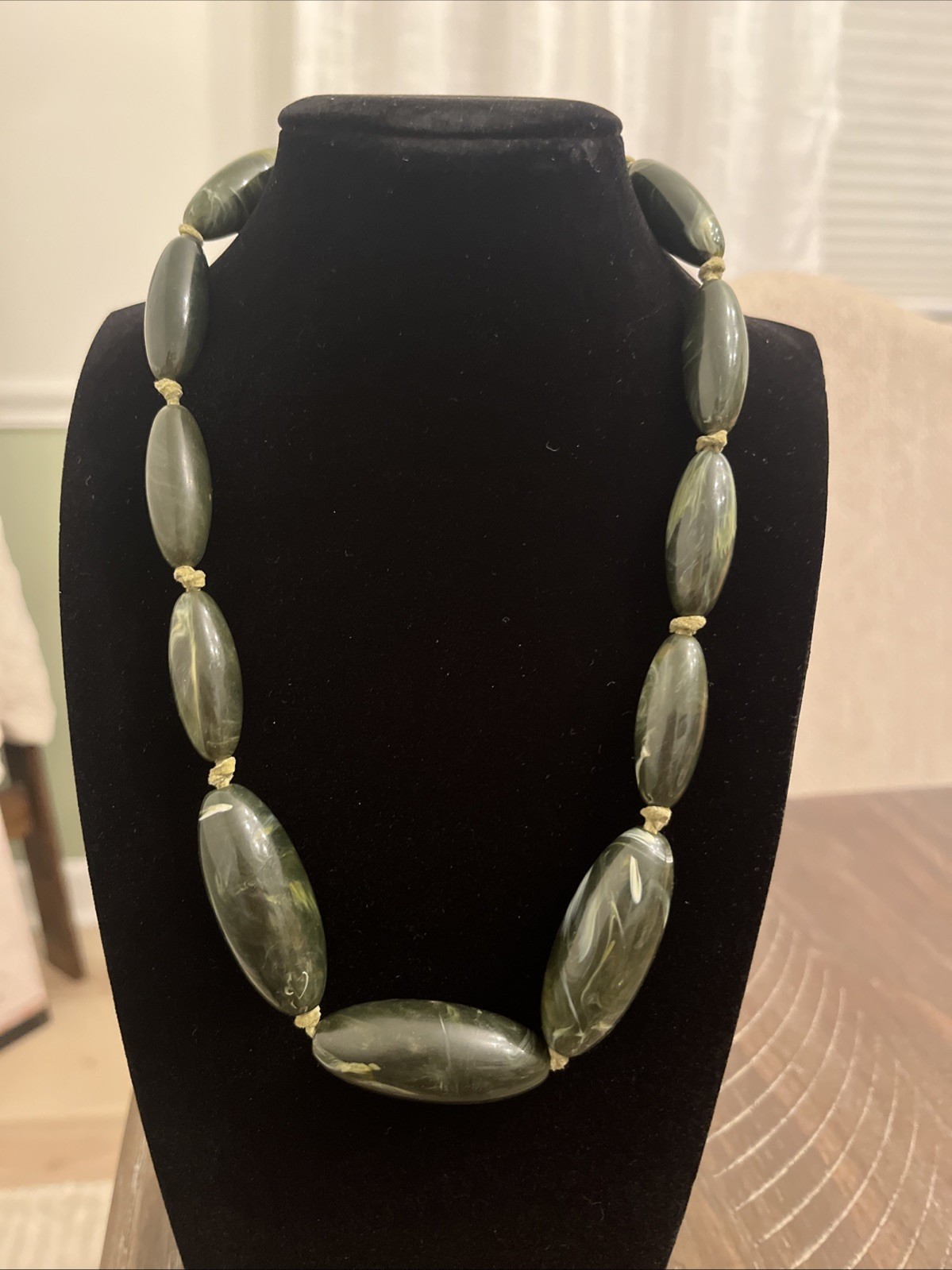 Dark Green Oblong Marbleized “stone” Necklace