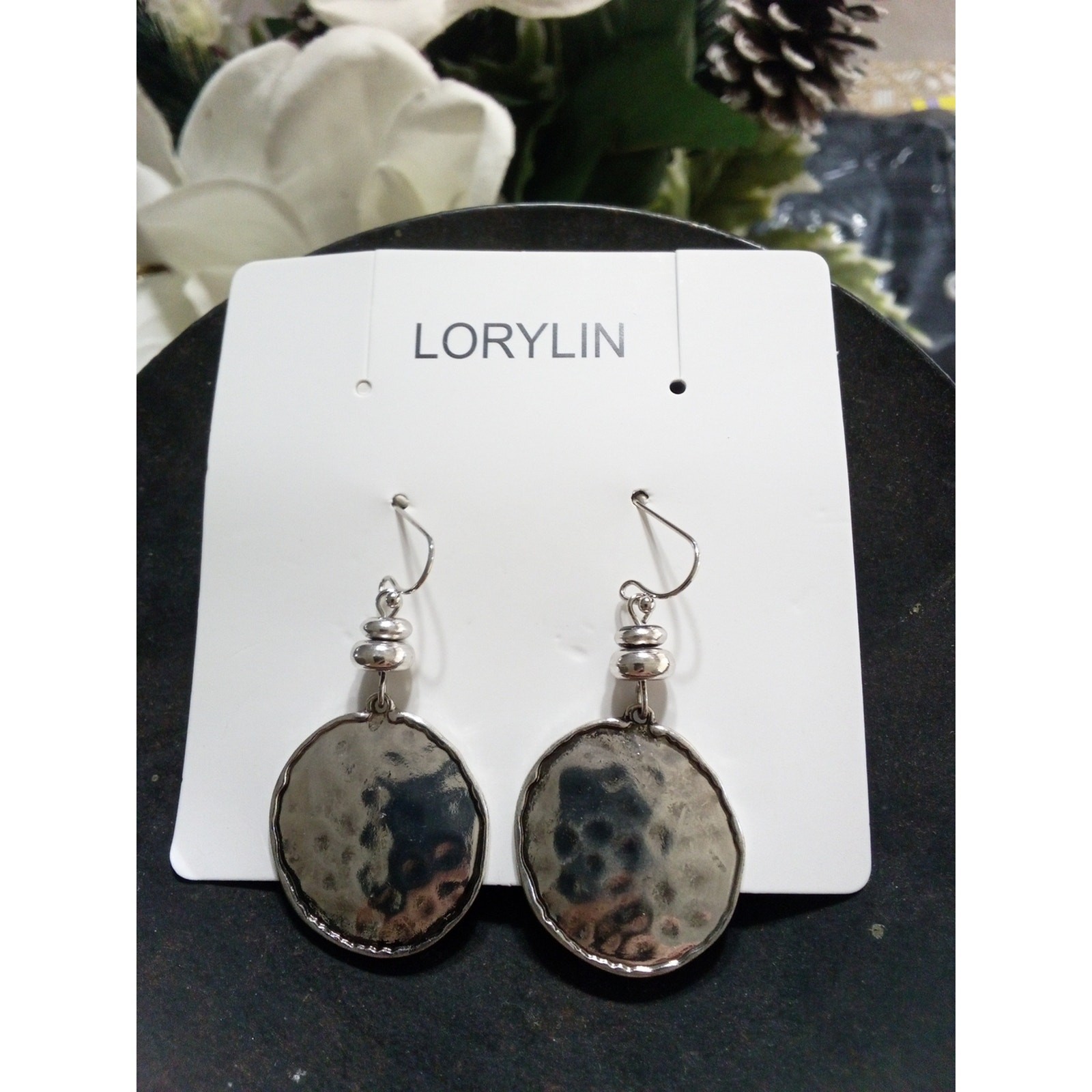 Silver Tone Hammered Circle Drop Earrings