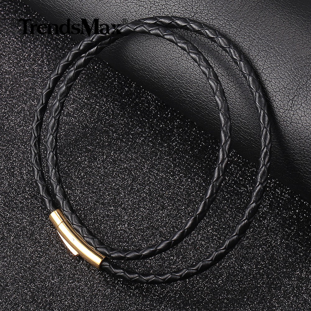 4MM Black Braided Leather Rope Necklace Bracelet Set with Gold Plated Push Lock