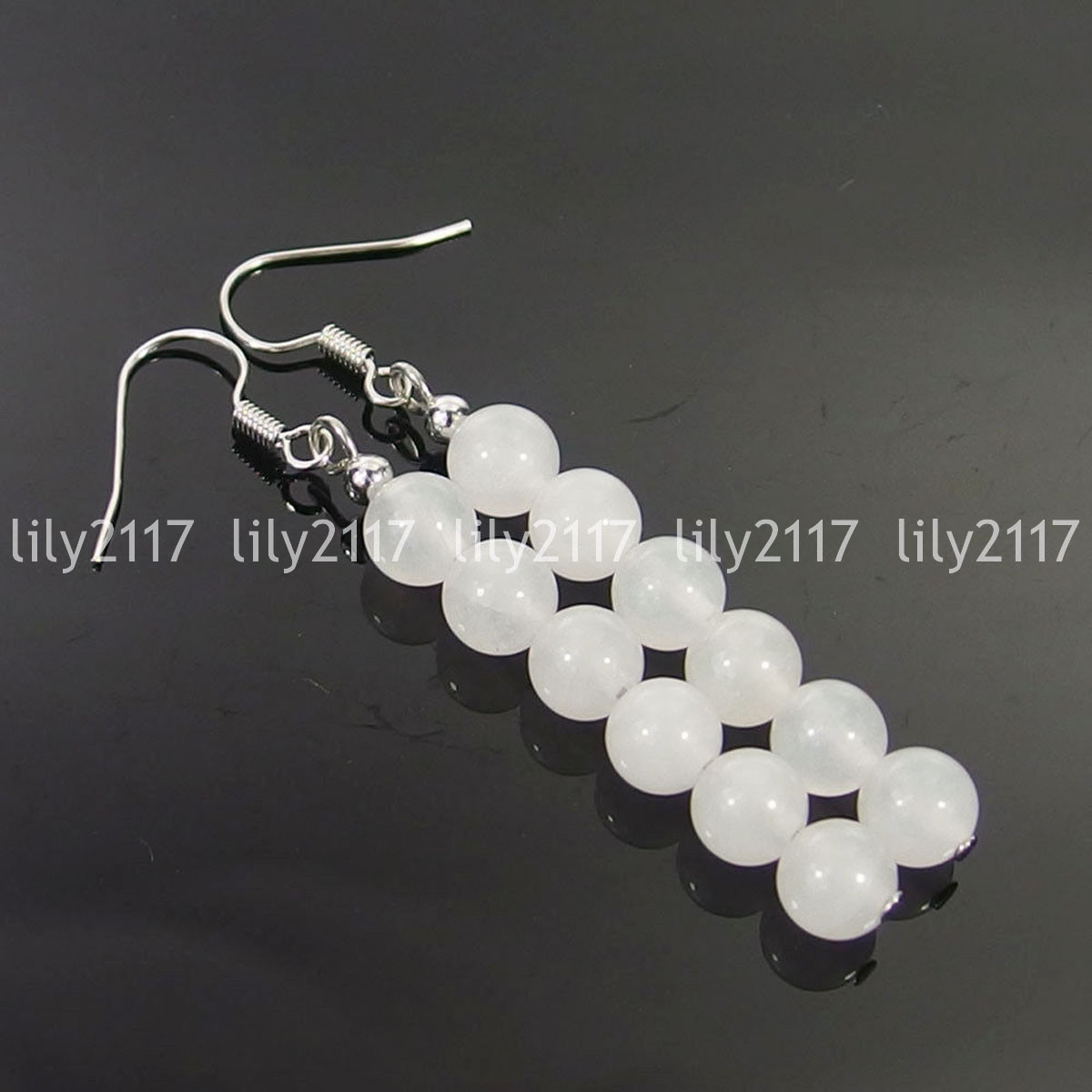Natural 6-10mm assorted Jade Gemstone Round beads 925 Silver Hook Dangle Earring