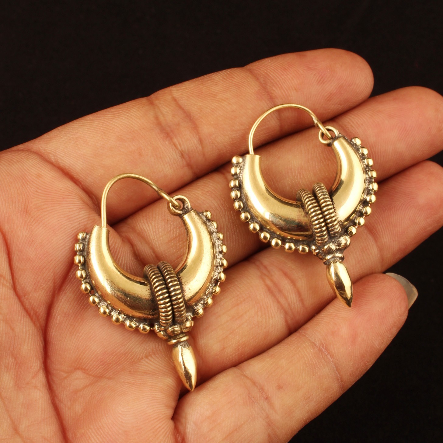 Gold Plated Tribal Hoop Earrings for Women, Boho Crescent Hoop Dangle Earring
