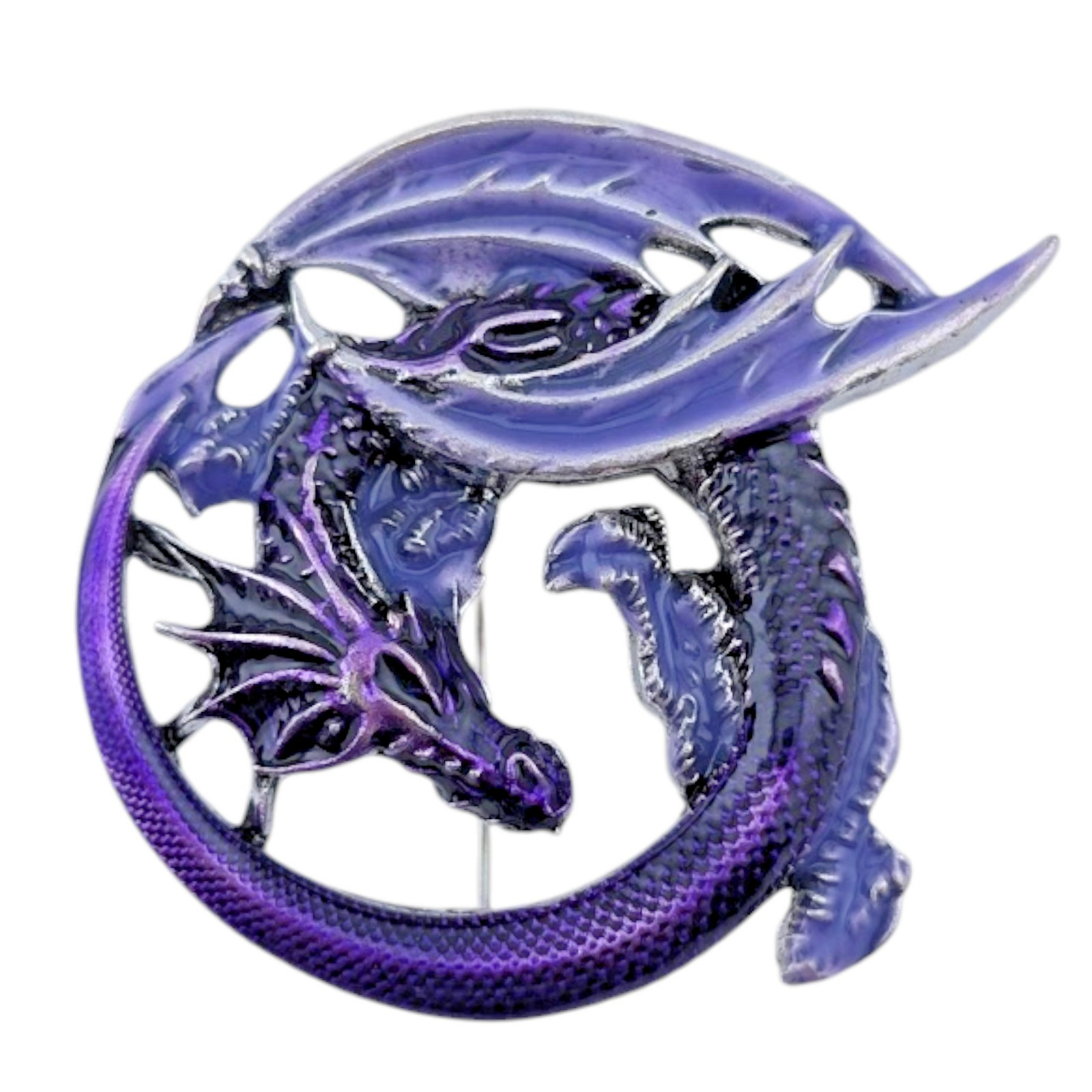 PURPLE WINGED DRAGON BROOCH PENDANT translucent enamel silvertone fantasy pin K5