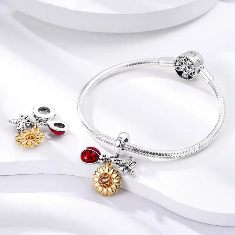 Ladybug, Dragonfly And Sunflower Charm For Bracelet, Ladybug Charm