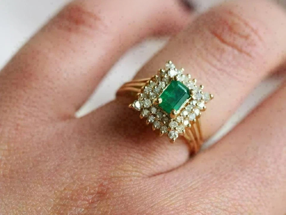 1.75Ct Green Emerald Diamond Cluster Engagement Ring 14K Yellow Gold Plated