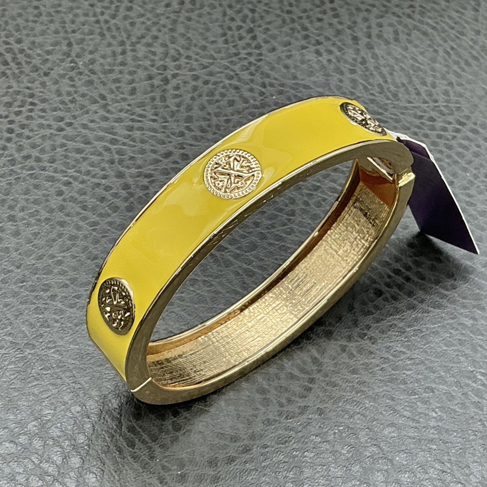 LVK Bracelet Yellow Enamel Bangle Coin Medallion Womens 7 Inch Fashion Jewelry