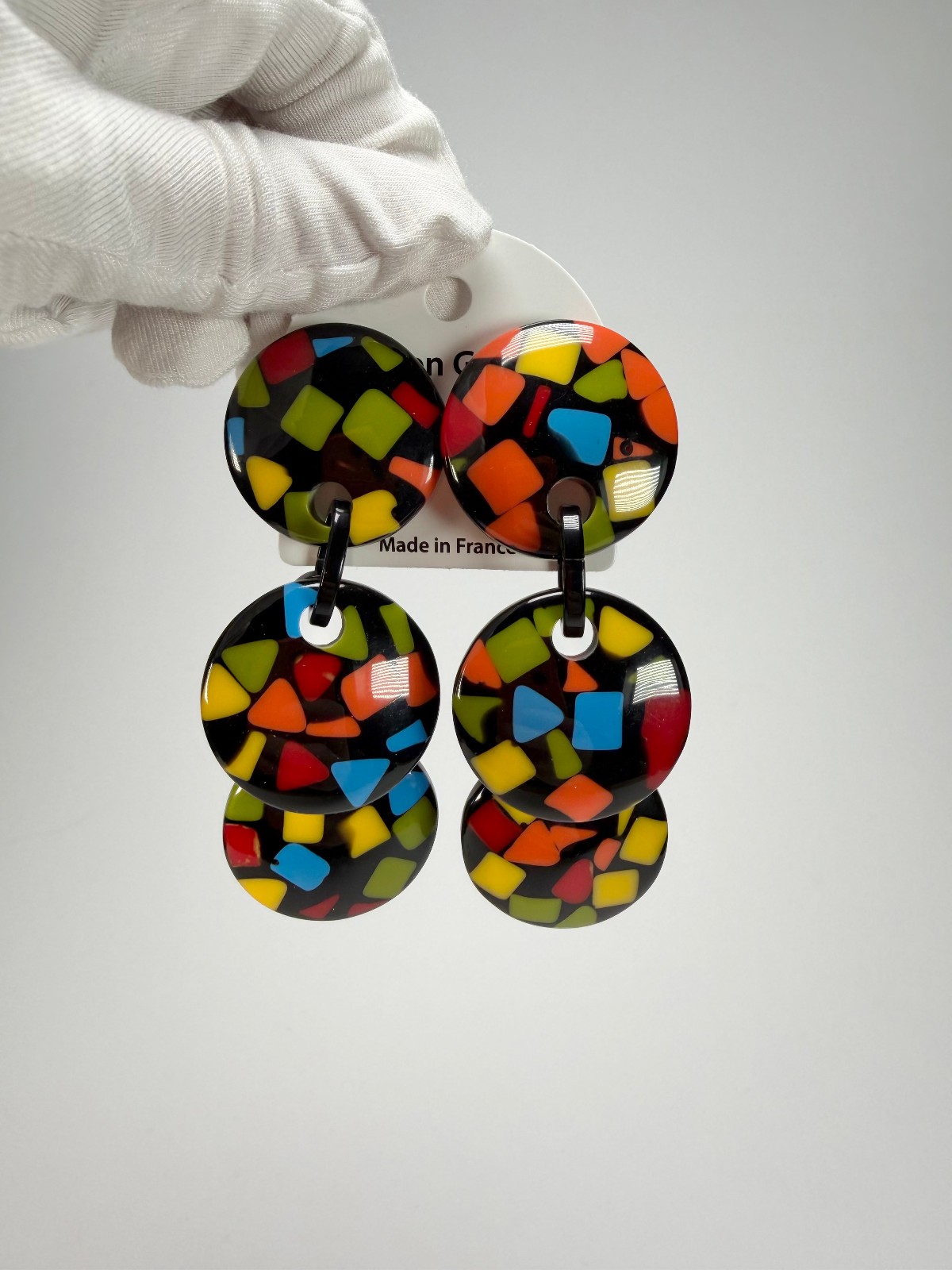 Marion Godart Confetti “Pendentif Triple Art Deco Pendant Resin Clip On Earrings