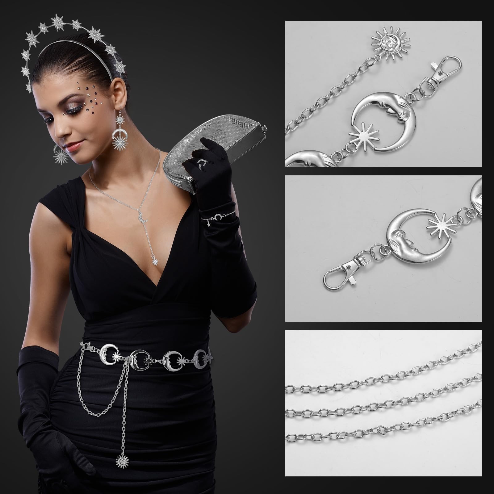 6 Pcs Celestial Crown Moon Star Headband & Earrings Set for Bride Wedding Costum
