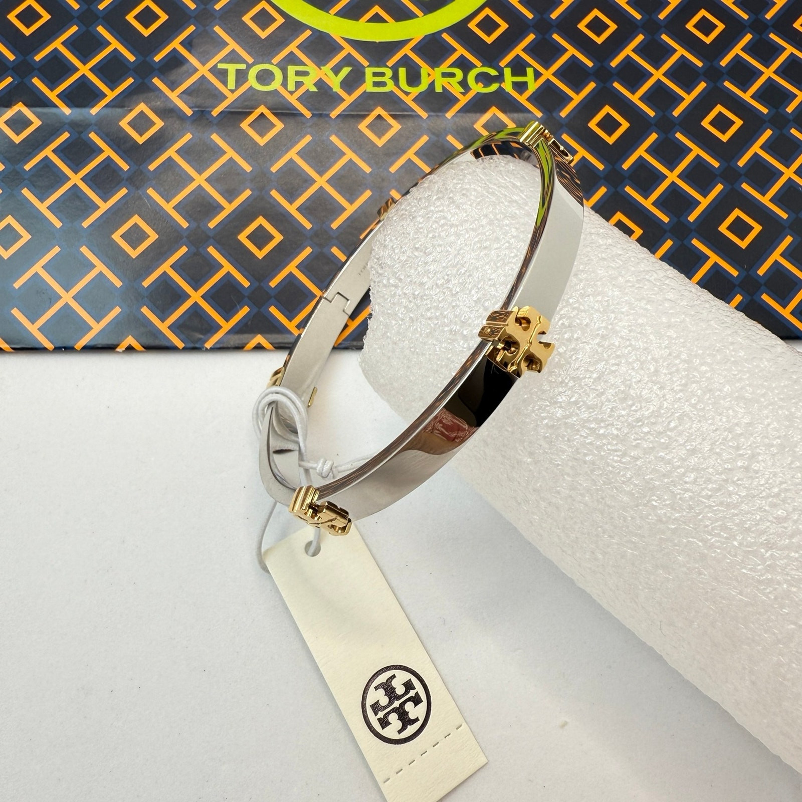 Tory Burch Classic Logo Hinge Bangle 168864 IN Tory Silver