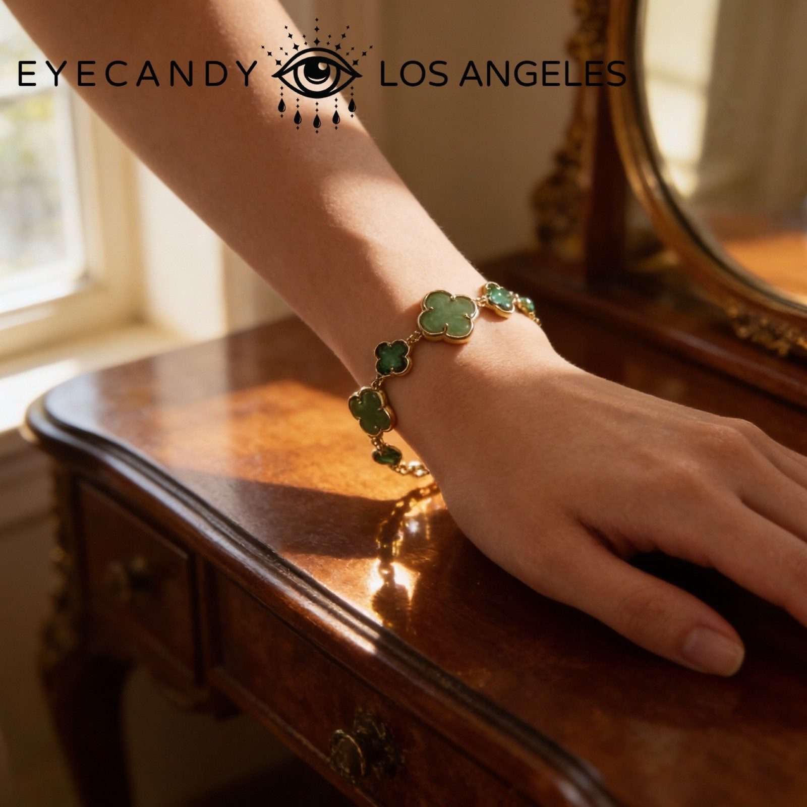 Eyecandy Los Angeles Green Clover Brass Double-Sided Bracelet New