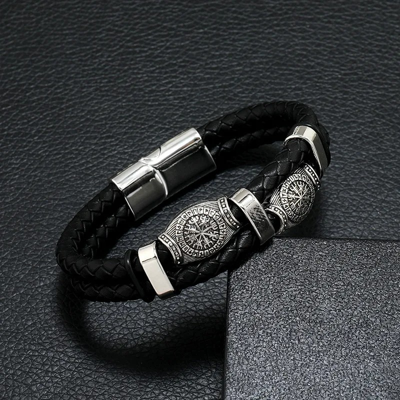 Men’s Black Leather Bracelet Multilayer Braided Rope Scripture Sun Vintage