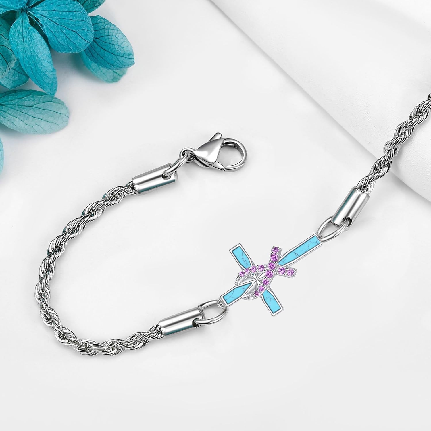 Breast Cancer Survivor Pink Ribbon Cross Bracelet 925 Sterling Silver Gift Women