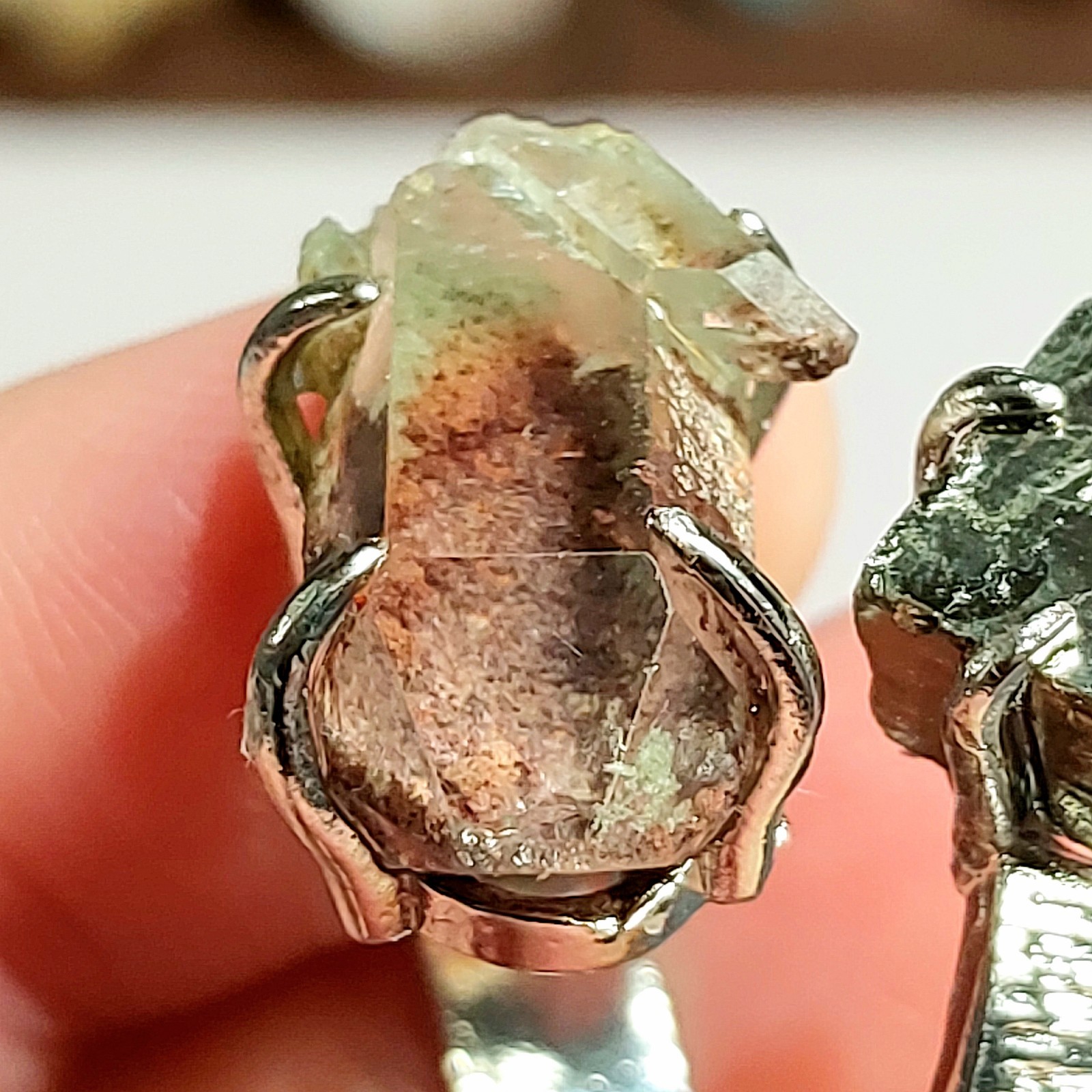 Duel Specimen Adjustable Window Garden Quartz & Pyrite Silver Plated Copper Ring