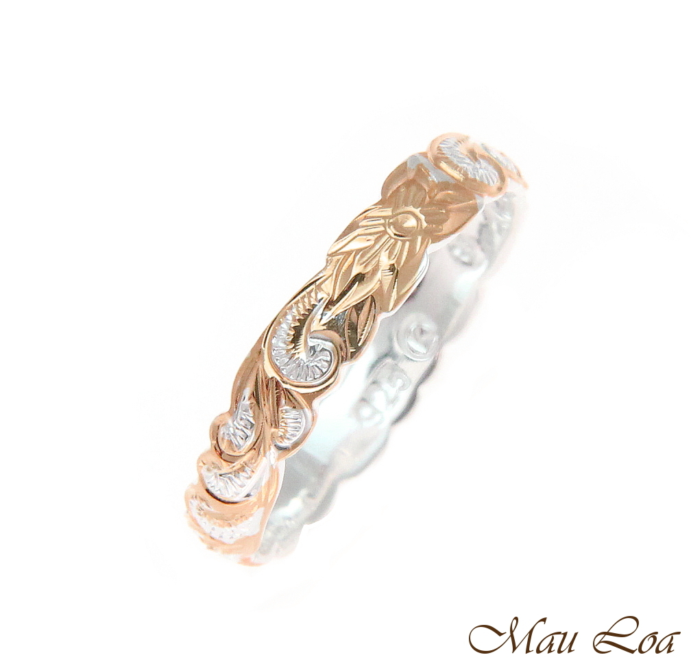 925 Silver 4mm 2T Pink Rose Gold Hawaiian Scroll Hand Engraved Cut Out Ring Band