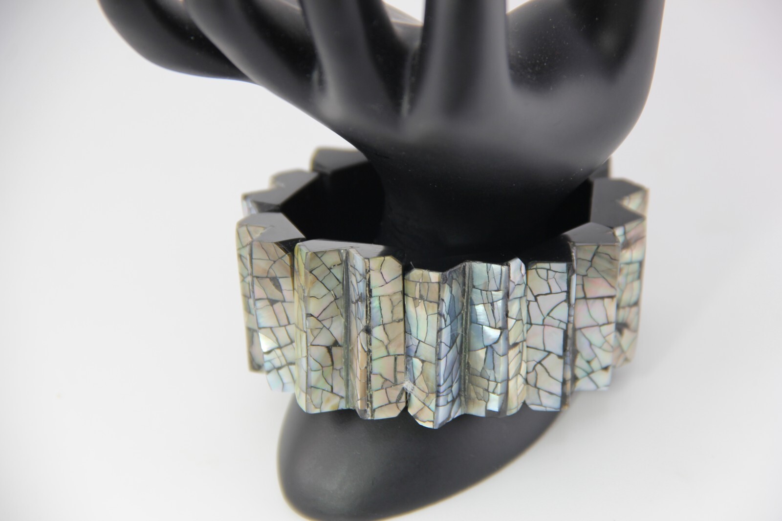 Abalon Mosaic Shell on Black Zig-Zag Shaped Resin Base Stretch Bracelet