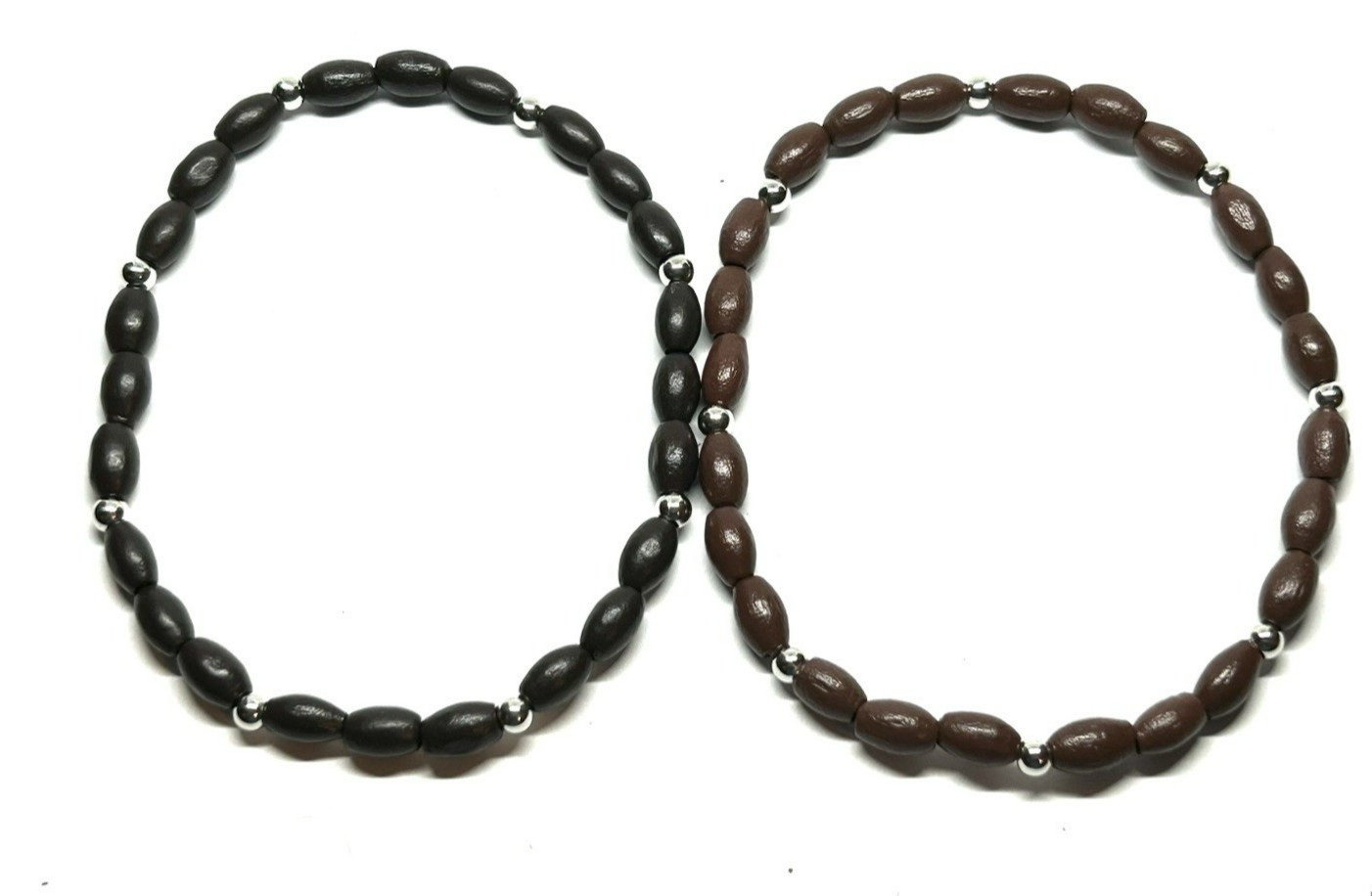 Brown & Dark Brown with silver accents Bamboo Wooden Beaded Bracelet Set Size L