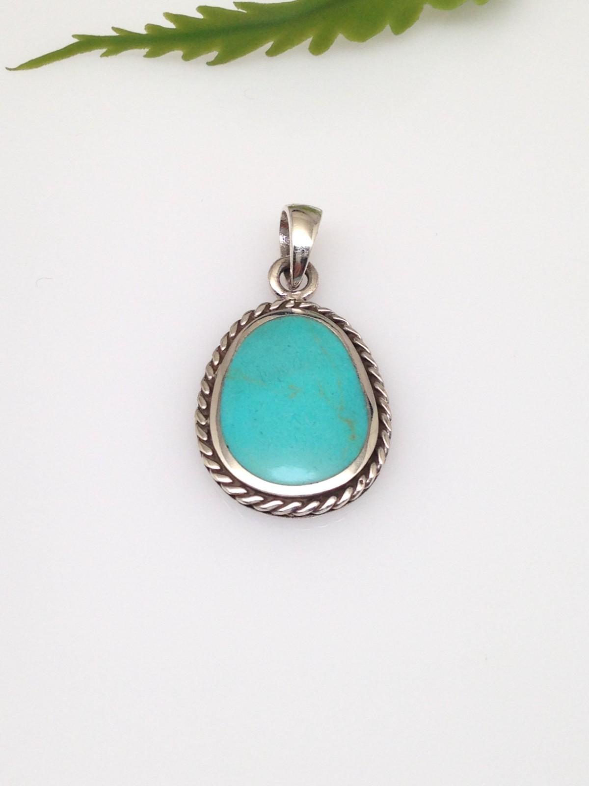 925 Sterling Silver Oblong Turquoise Twisted Rope Pendant Women 20mm(0.79″)/29mm