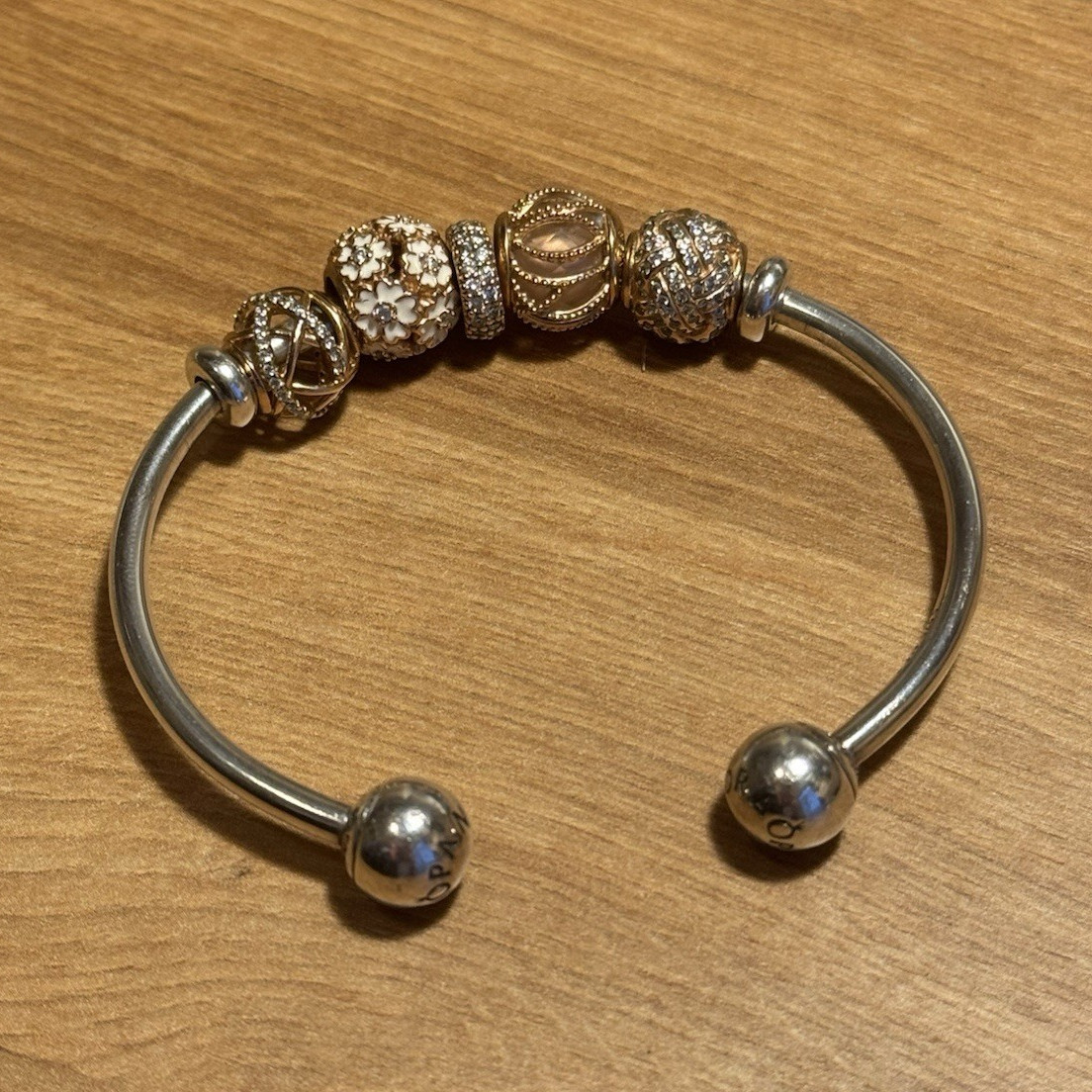 PANDORA Moments Open Bangle Bracelet Sterling Silver w/ Rose-Tone CZ Charms