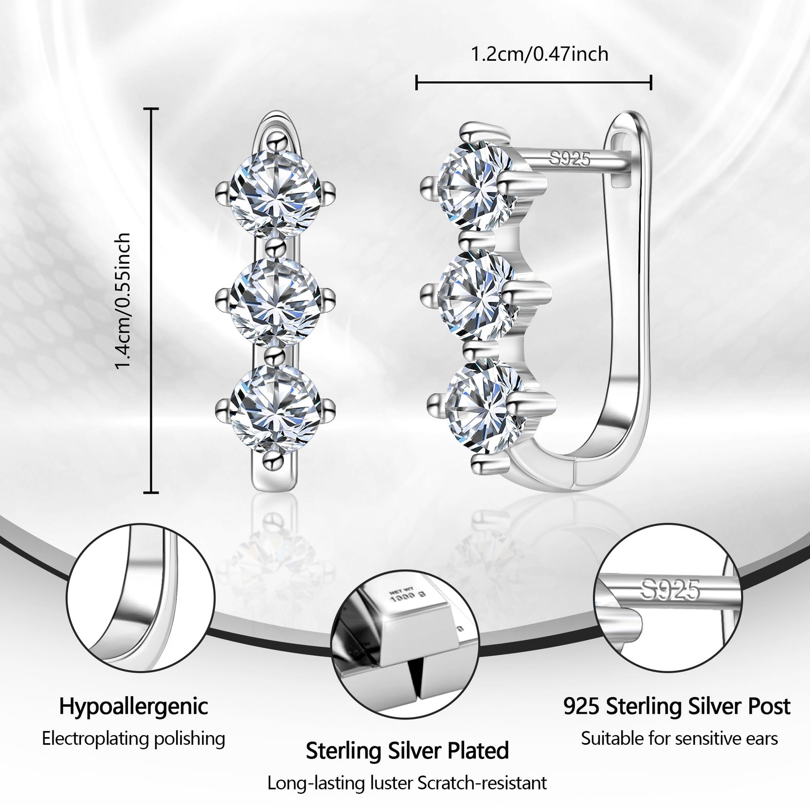925 Sterling Silver Hoop Earrings for Women, Cubic 12mm x 14mm,