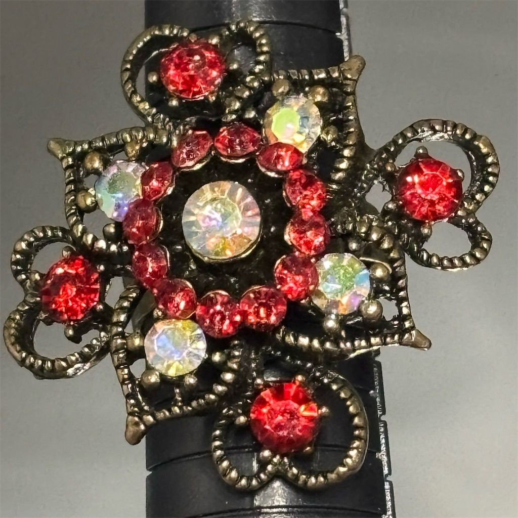 Vintage Cocktail Ring Adjustable Size 7 to 9 Red Aurora Borealis Rhinestone