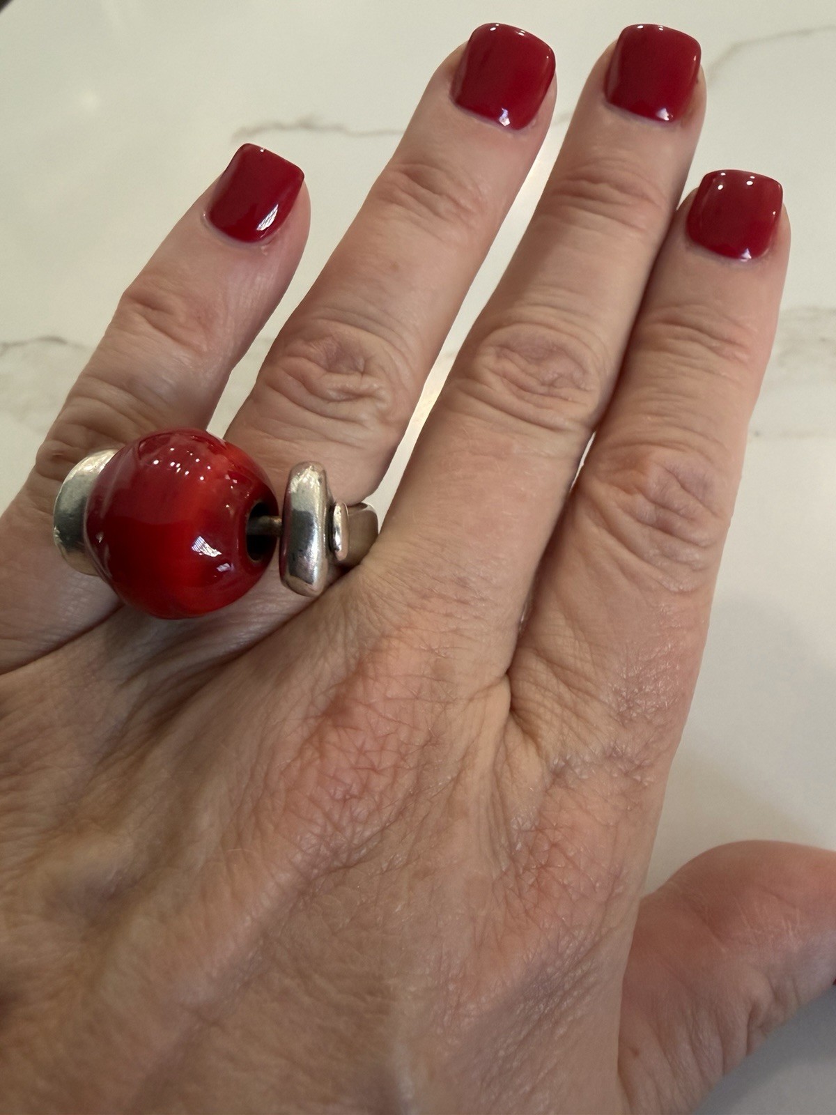 UNOde50 Red Statement Ring Silver Tone Sculptural Bead Ring size 7 with Pouch