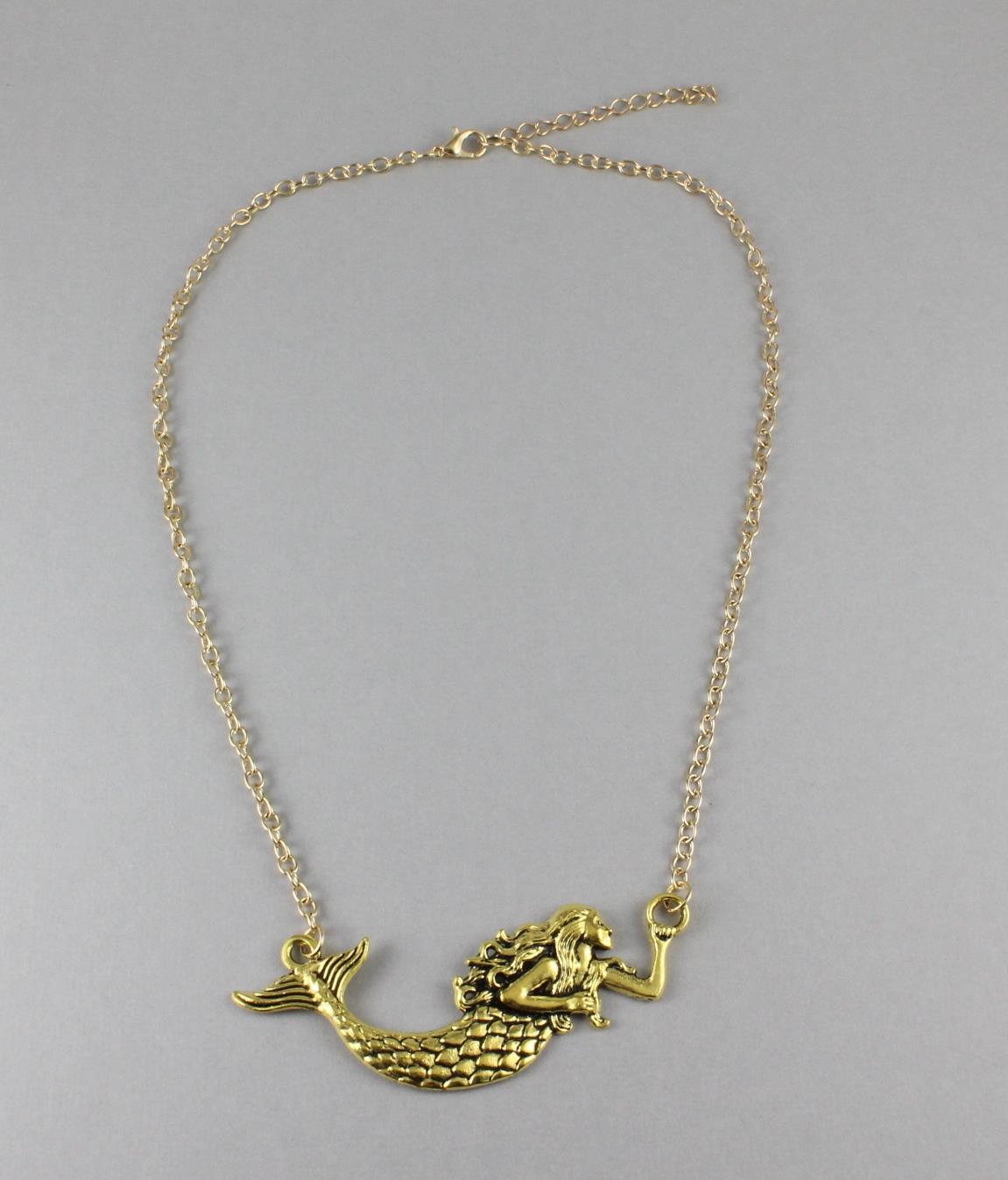 Gold mermaid necklace pendant 19″ long chain sea siren big pendant tail fin