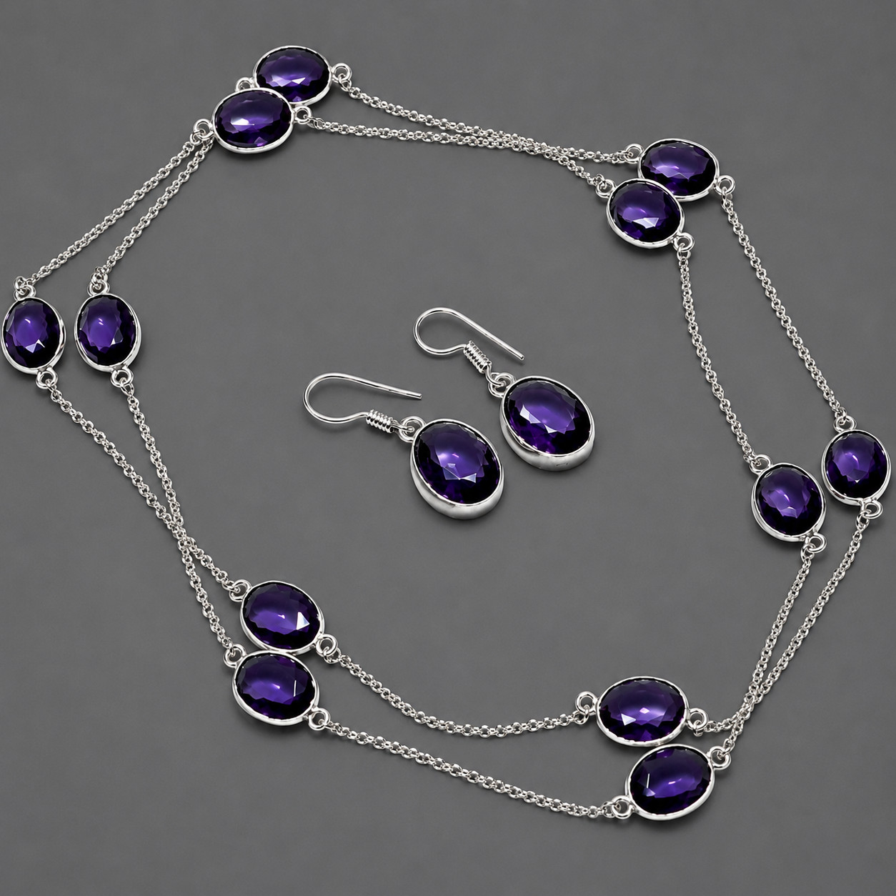 African Amethyst Oval Shape Gemstone Handmade Anniversary Jewelry Chain+Earrings