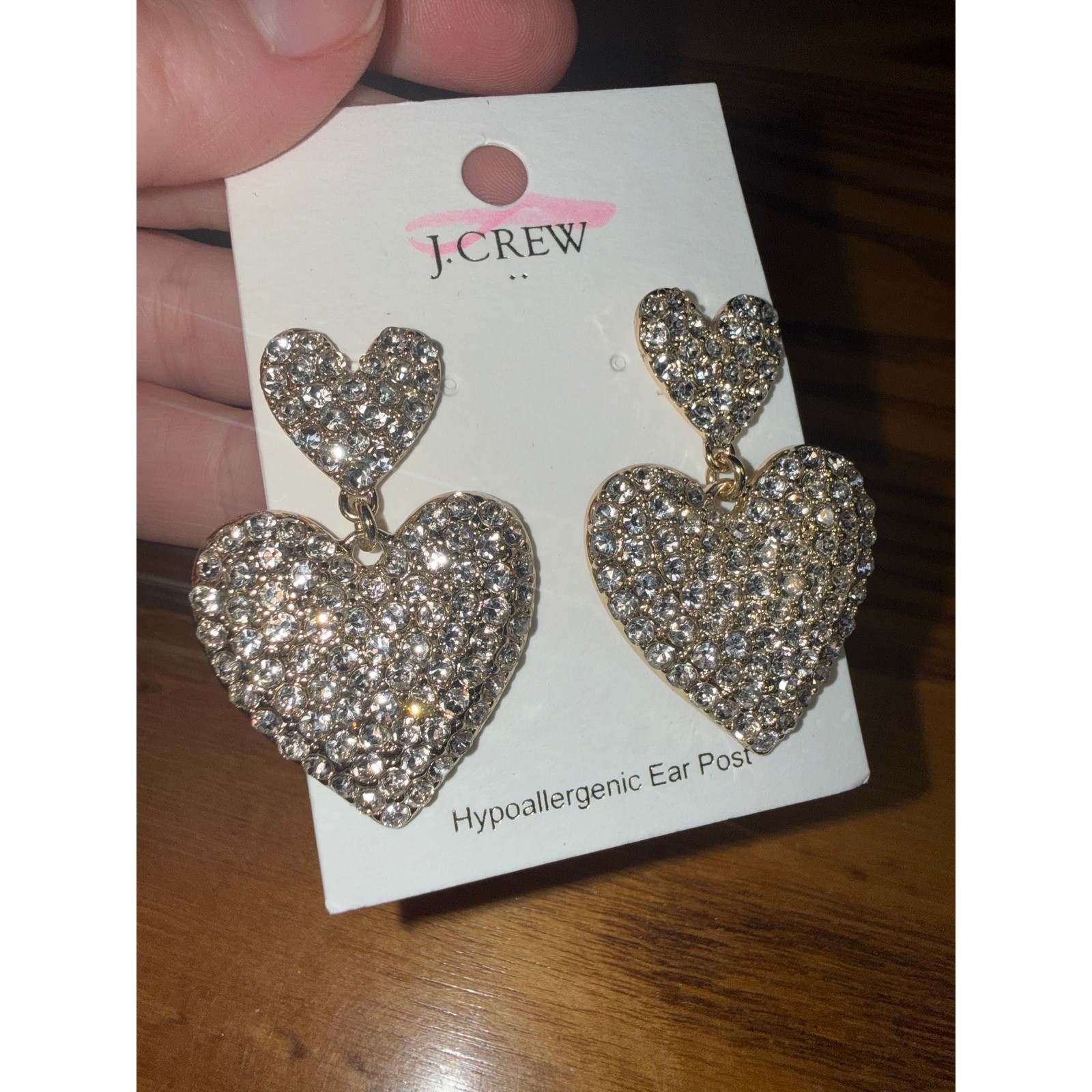 J.Crew Crystal Pave Double Heart Drop Earrings Gold Tone CE762 New