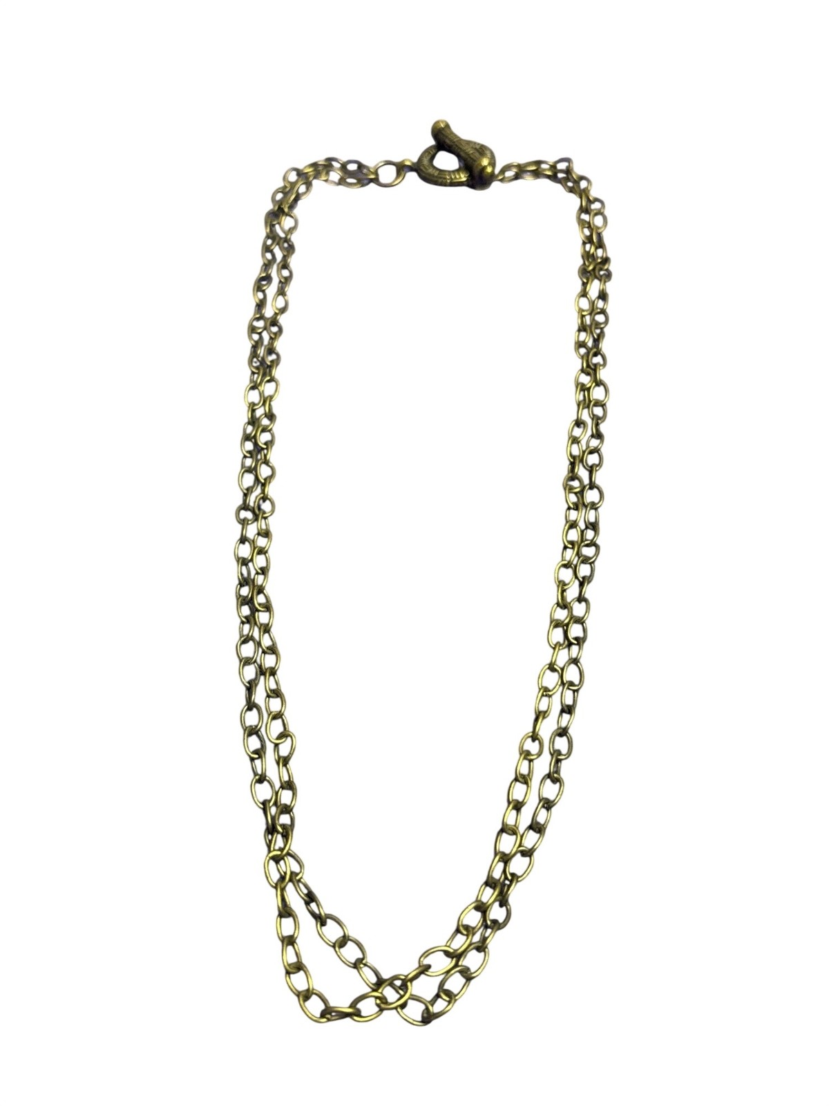 Antiqued Goldtone 2 Strand Chain Necklace Basketweave Toggle Clasp 18 inches