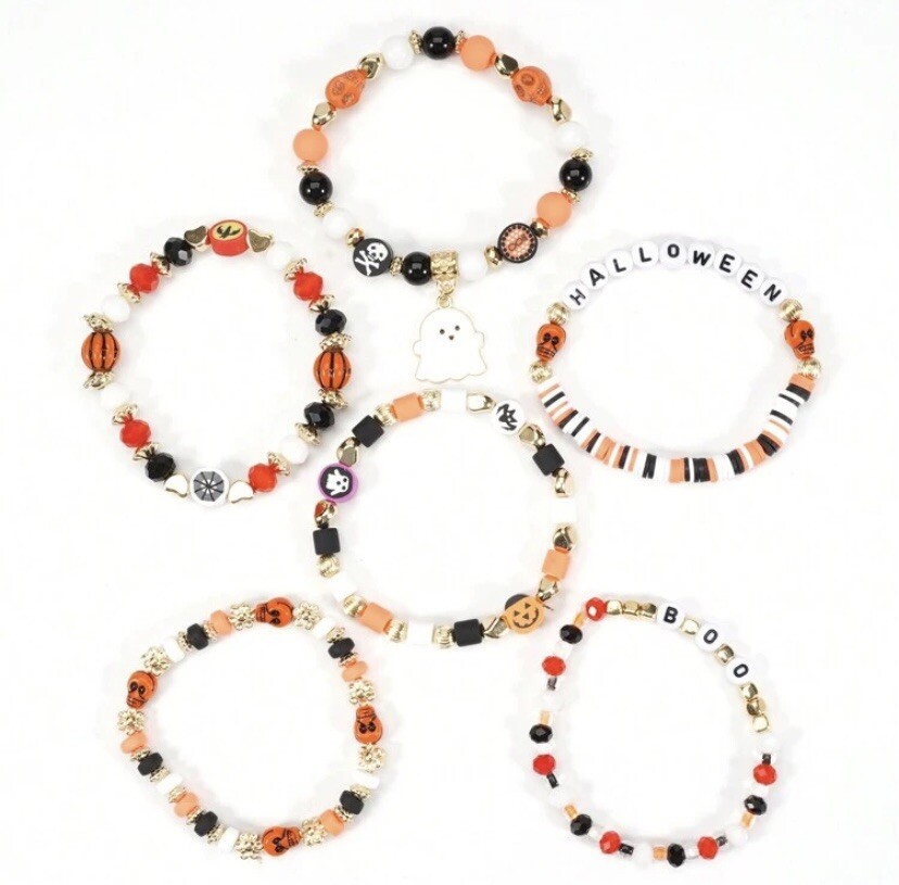 Ghost Bat Spider Web Pendent Boo Halloween 6 Stackable Beaded Bracelet Trendy