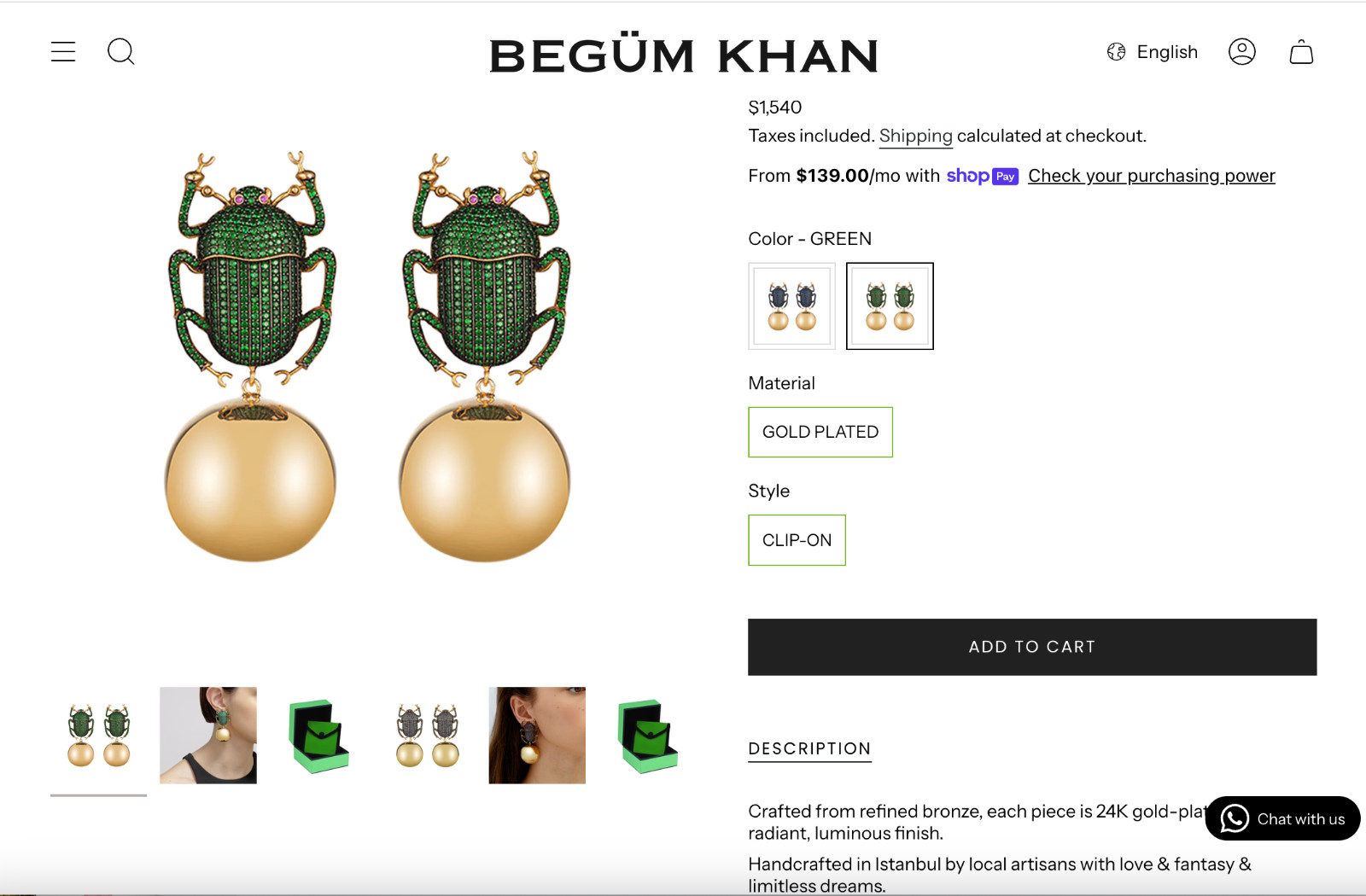 Oversized Beetle Earrings Gold Plated & Pave Simulated Emerald Begum Khan Style