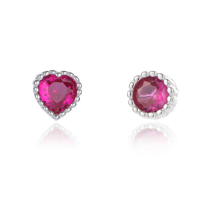 Heart Round Red CZ Solitaire Stud Earrings Ruby Solid Sterling Silver Set Box C2