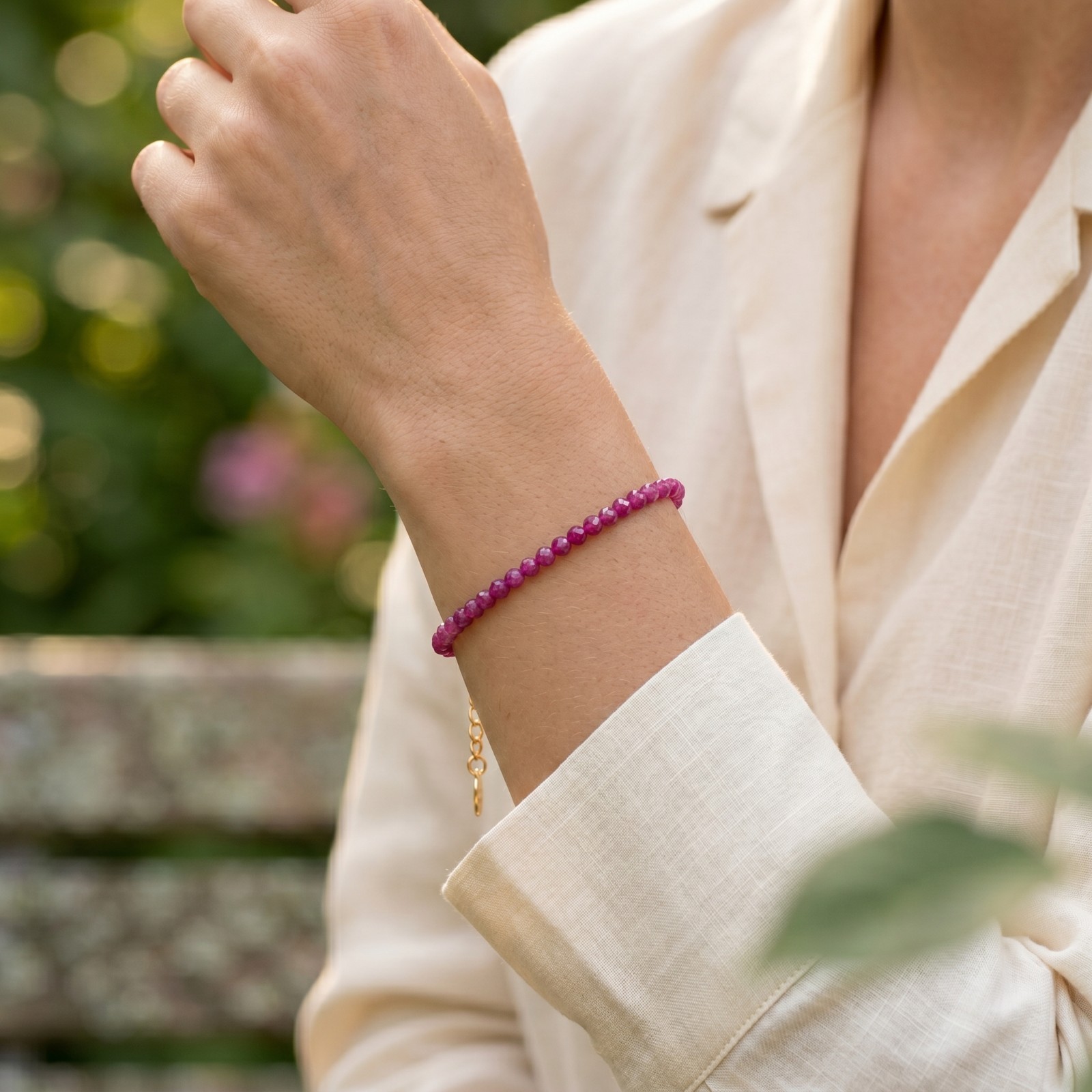 3mm Natural Ruby Faceted Bead Bracelet Adjustable Gold Plated Love Vitality