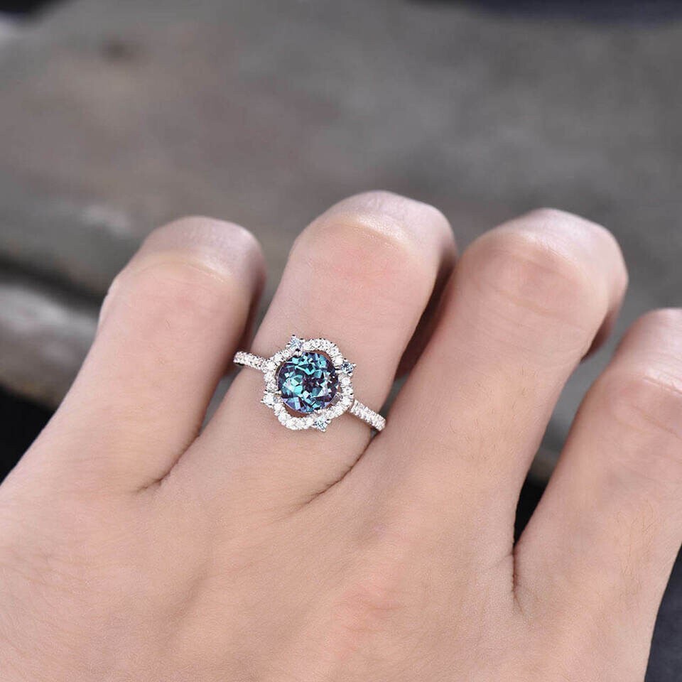 Lab-Created 2Ct Round Alexandrite Engagement Ring 14K White Gold Plated Silver