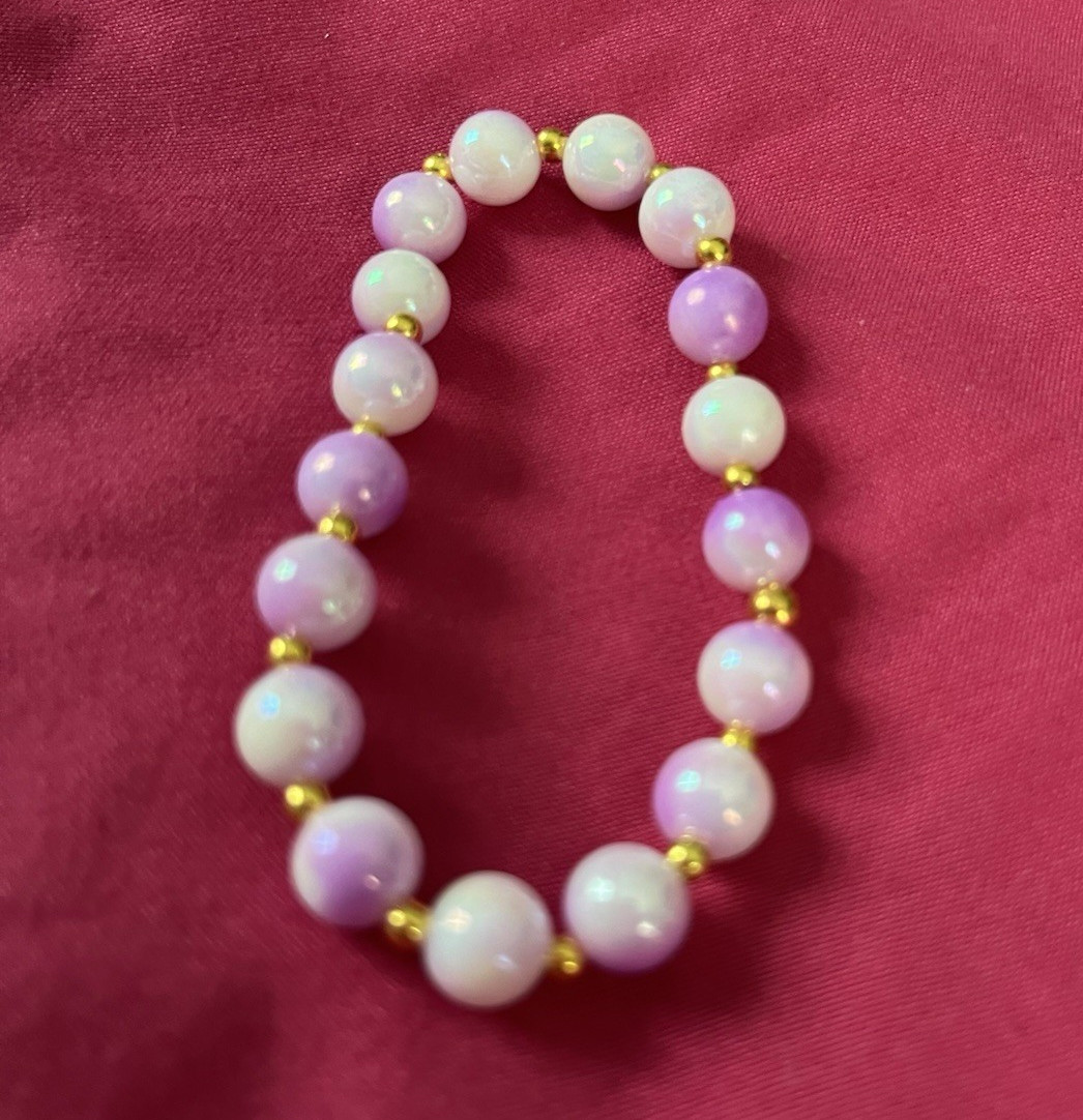 Pink White Gold Stretch Round Beaded Bracelet Slip-On Sizable No Stone