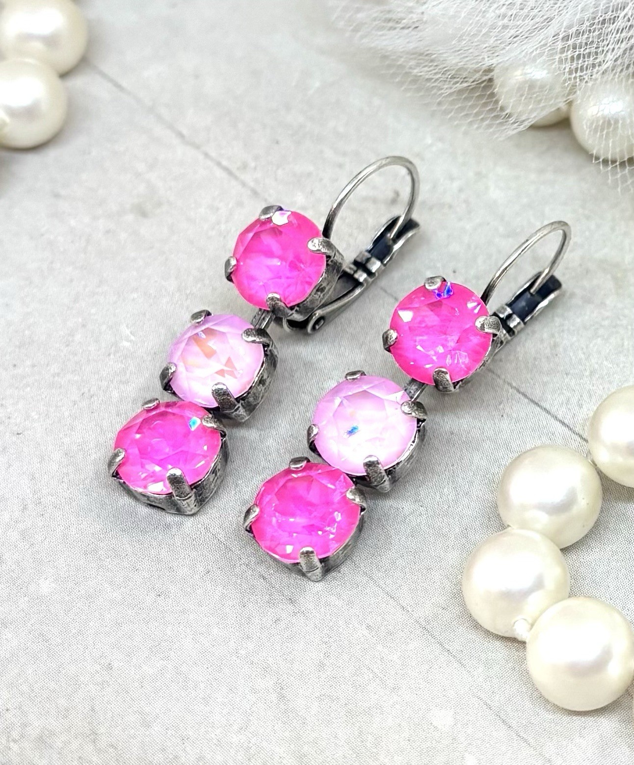 Antique Silver Plated Bubblegum Pink Cup Chain Triple Stone Drop Earrings, Neon
