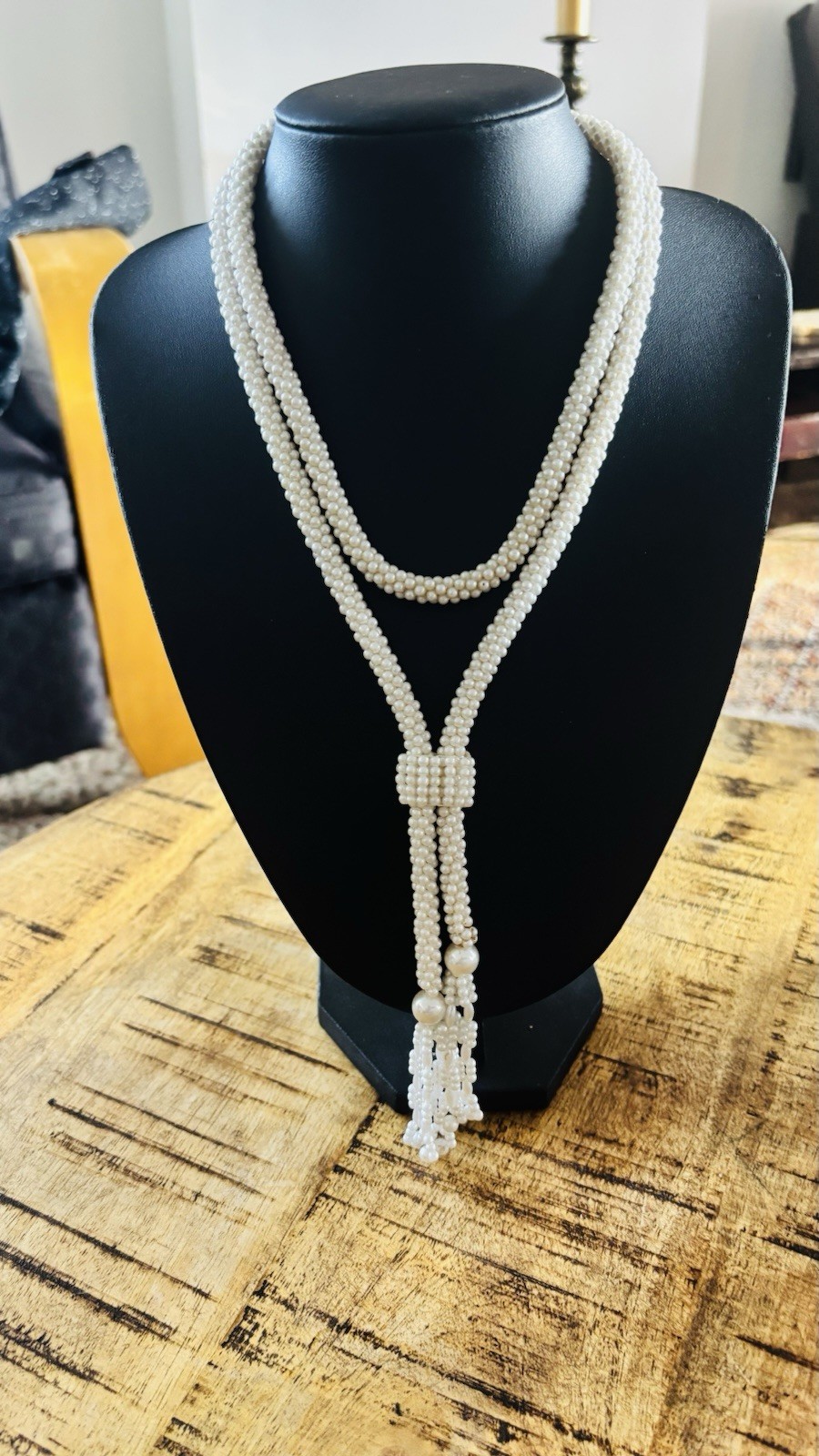 Faux Seed Pearl Lariat Necklace Woven Slider Tassel Flapper Boho VTG