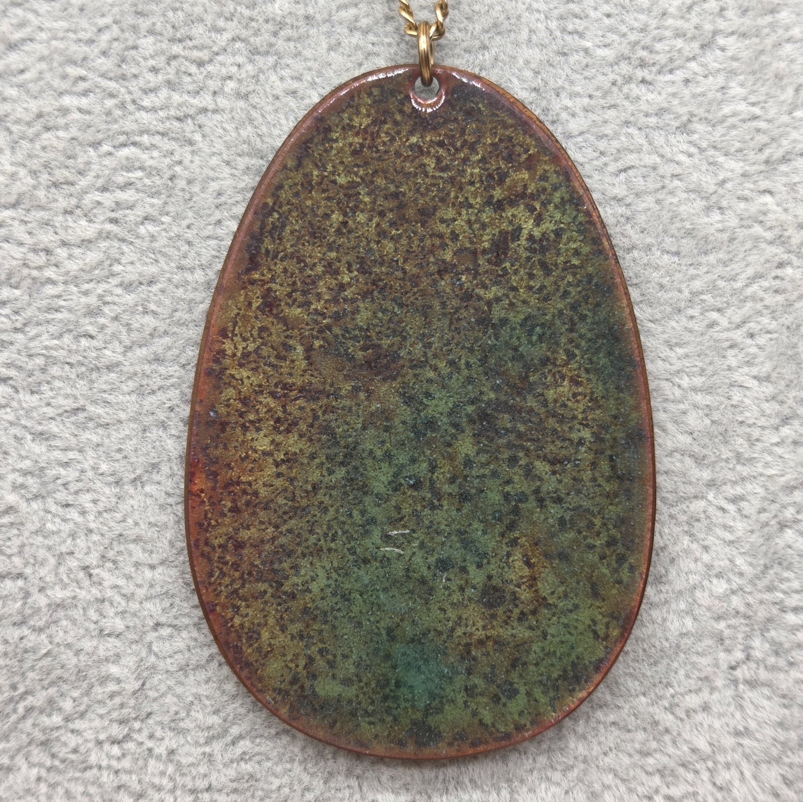 Vintage Enamel on Copper Oval Shape Red Blue Abstract Pendant Chain Necklace