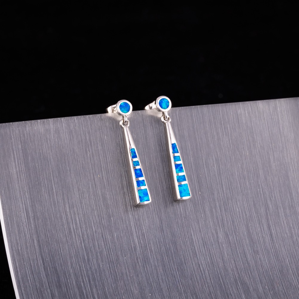 Stick Shape Ocean Blue Fire Opal Silver Jewelry Drop Pierced Earrings
