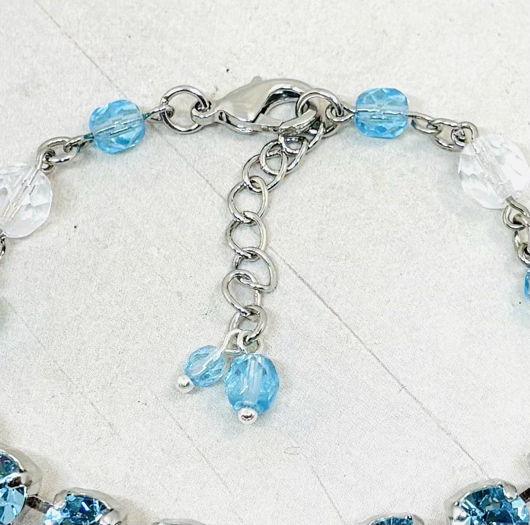 8mm Shiny Silver Plated Beaded Aquamarine Tennis Cup Chain Bracelet