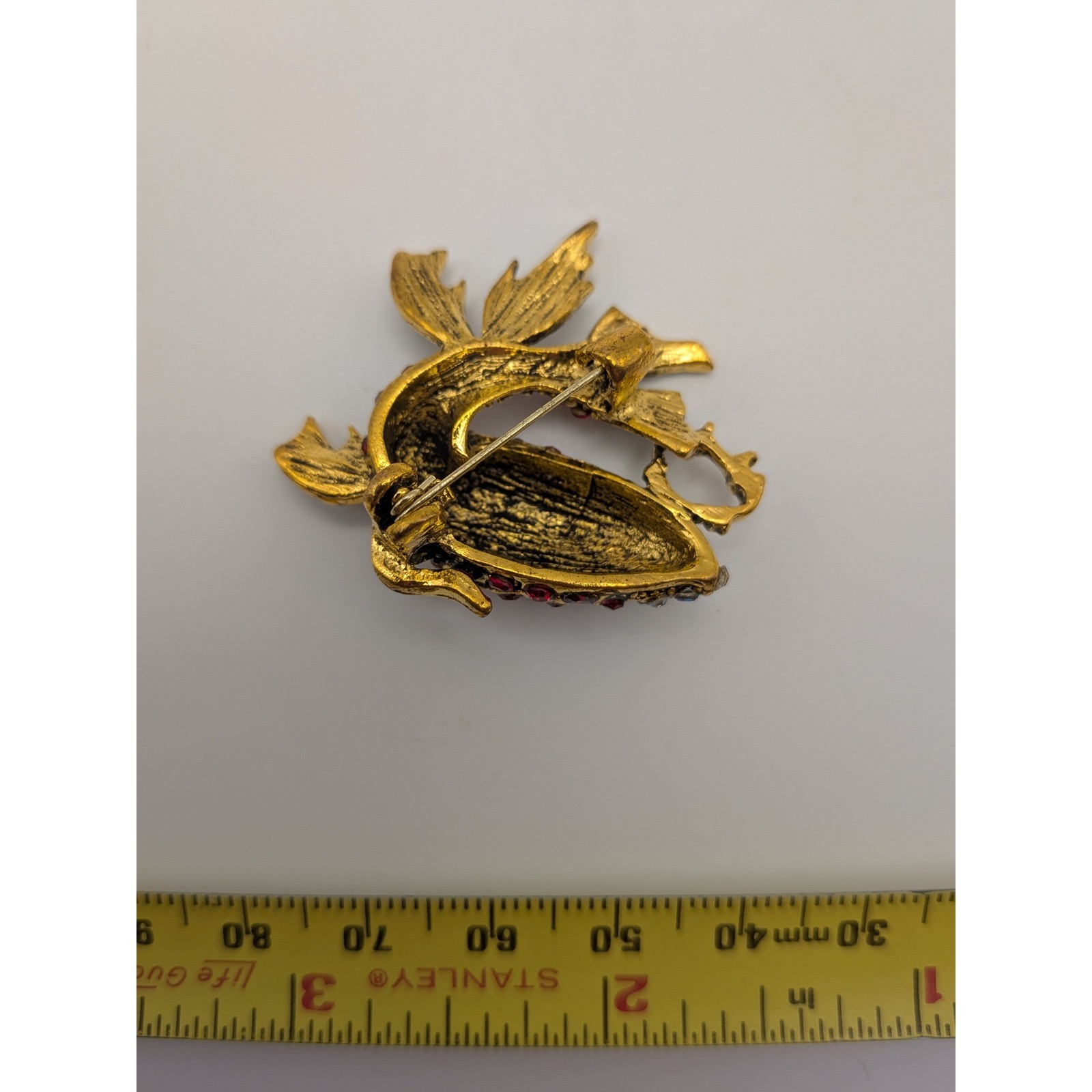 Vintage Style Koi Fish Brooch Red Aurora Borealis Rhinestone Gold Tone Statement