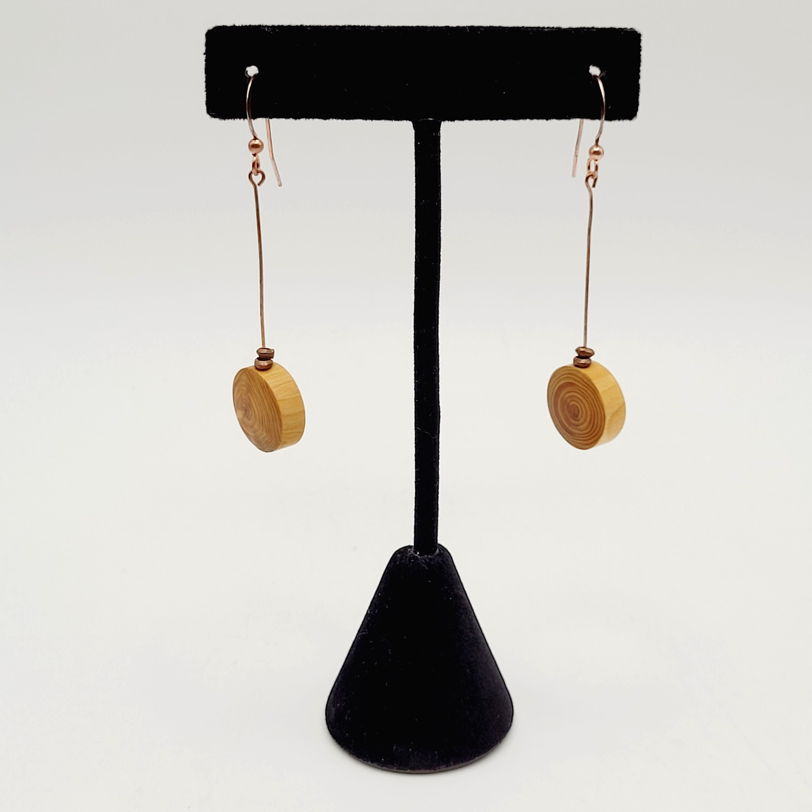 Artisan Handcrafted Round Wood Slice Drop Earrings Long Copper Wire Tree Ring
