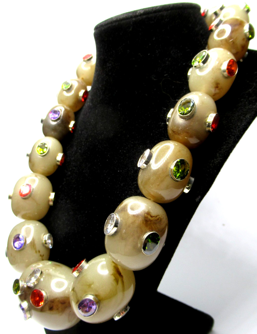 Amazing HUGE Stone Looking Lucite Bead Bezel Set Genuine Gemstone Necklace