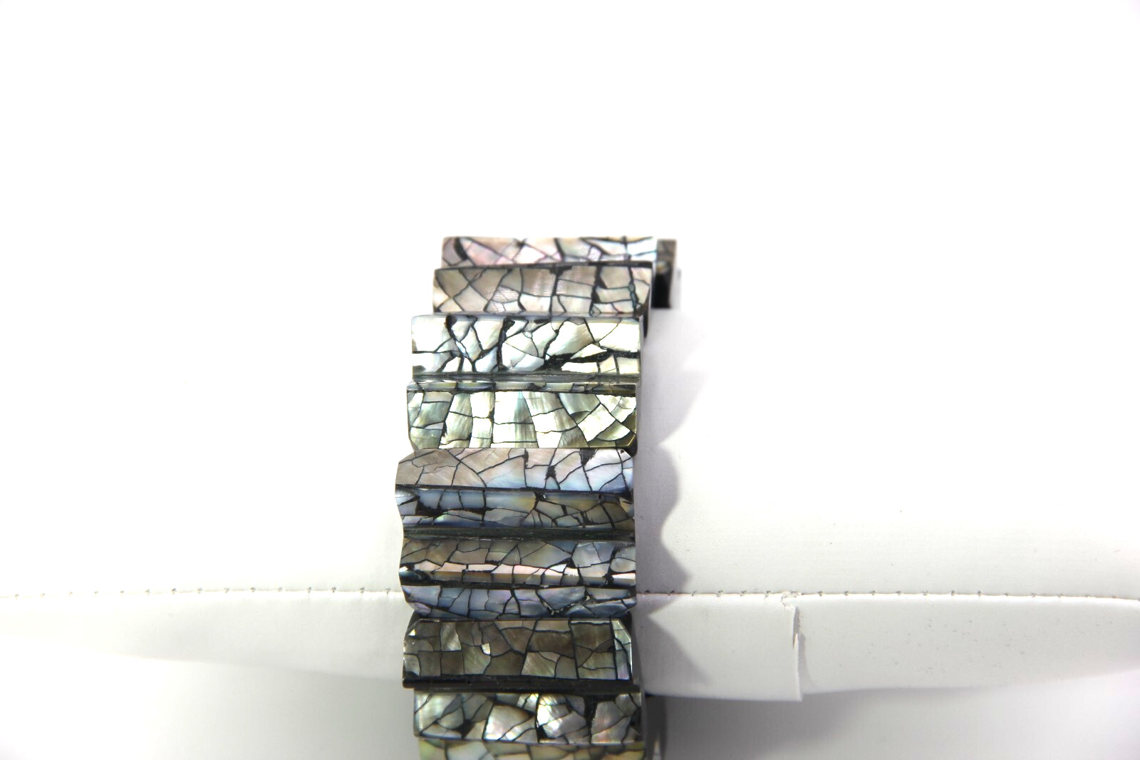 Abalon Mosaic Shell on Black Zig-Zag Shaped Resin Base Stretch Bracelet