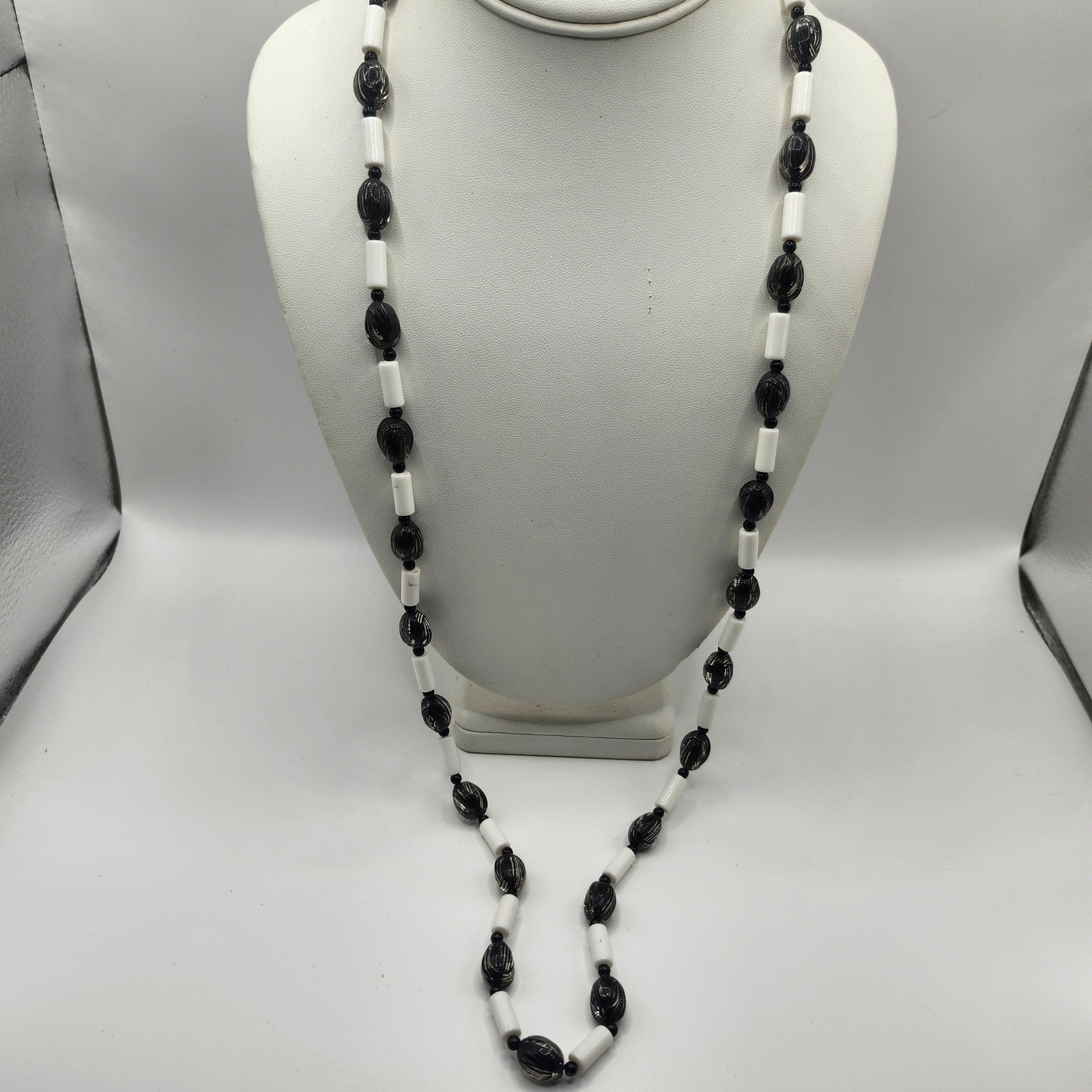 Vintage Black and White Beaded Necklace Long Strand Art Deco Style Jewelry