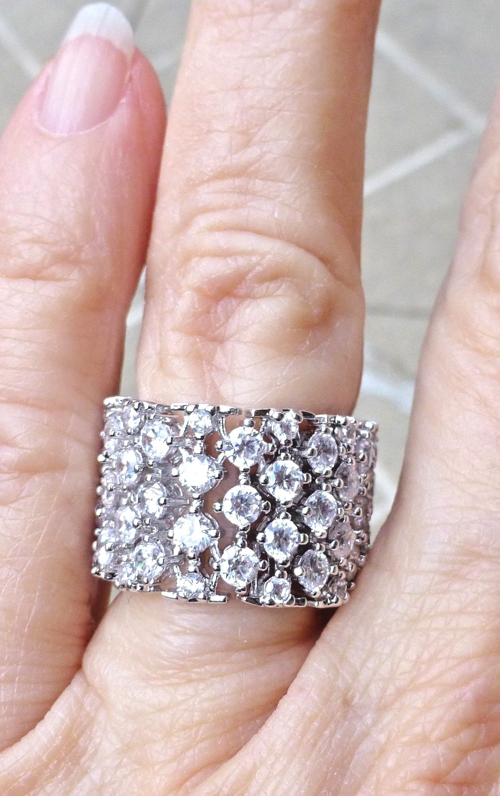 Band Ring Flexible-Silvertone-1/2″ Wide-4 Rows of SHINY CZ’s-NWT-Size Selectable