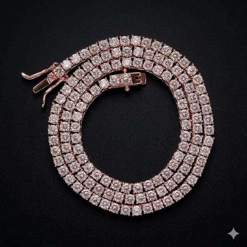 20Ct Round Lab Created Diamond Men’s Tennis Necklace 14K Rose Gold Plated 925 Si