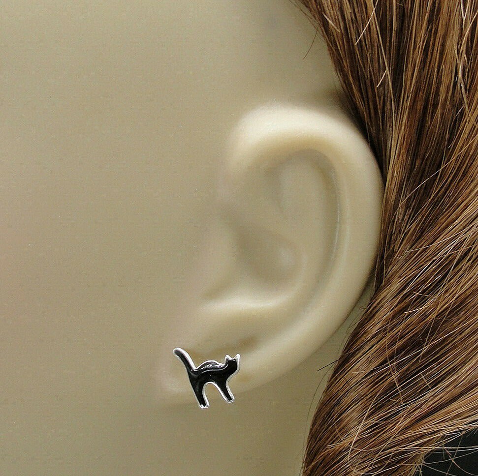 Black Cat Post Earrings – 925 Sterling Silver – Kitty Cat Halloween Studs NEW