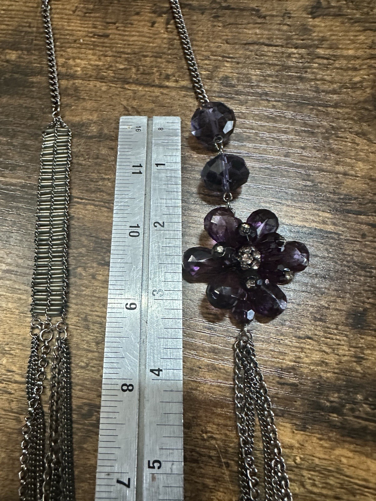 Simply Vera Wang Gray Metallic Multi Chain Beaded Purple Flower Long Necklace