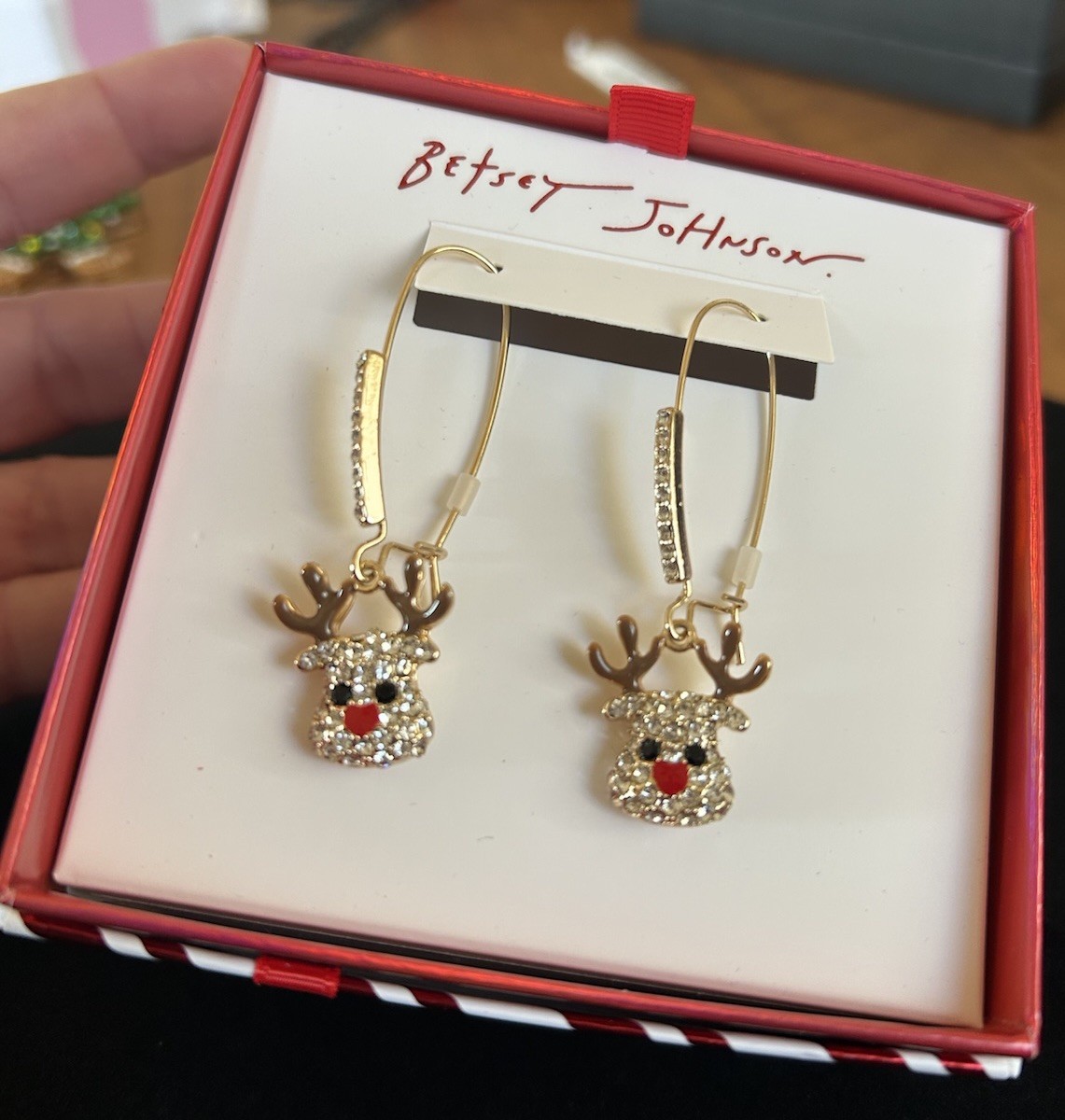 Betsey Johnson Reindeer Dangle Earrings Gold Tone Rhinestone Crystal Christmas